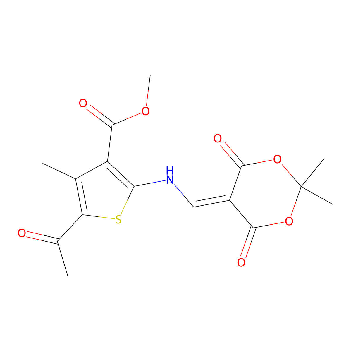 Methyl 5-acetyl-2-(((2,2-dimethyl-4,6-dioxo-1,3-dioxan-5-ylidene)methyl)amino)-4-methylthiophene-3-carboxylate molecular structure, CAS 1105215-92-6