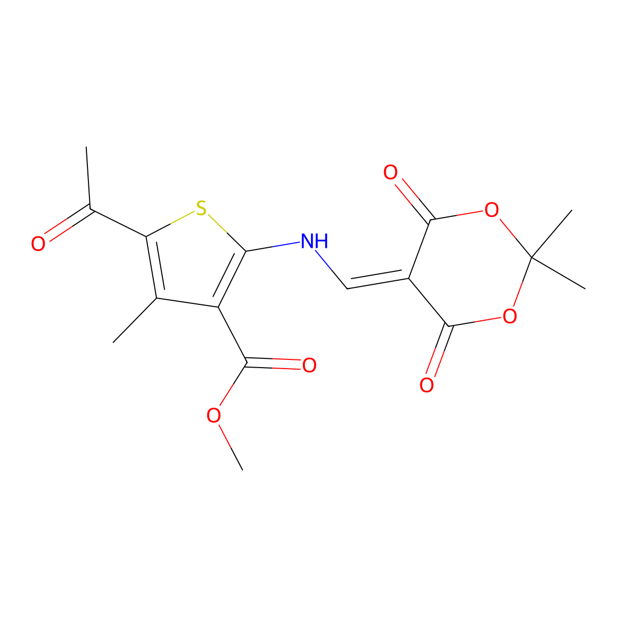 Methyl 5-acetyl-2-(((2,2-dimethyl-4,6-dioxo-1,3-dioxan-5-ylidene)methyl)amino)-4-methylthiophene-3-carboxylate molecular structure, CAS 1105215-92-6