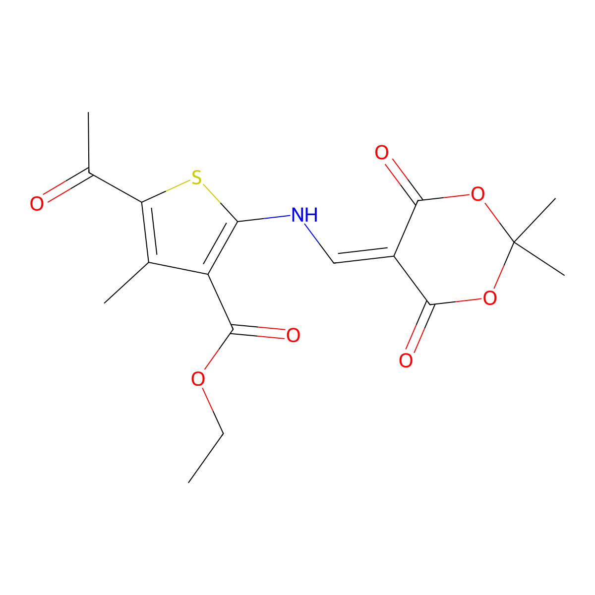 Ethyl 5-acetyl-2-(((2,2-dimethyl-4,6-dioxo-1,3-dioxan-5-ylidene)methyl)amino)-4-methylthiophene-3-carboxylate molecular structure, CAS 1105215-96-0