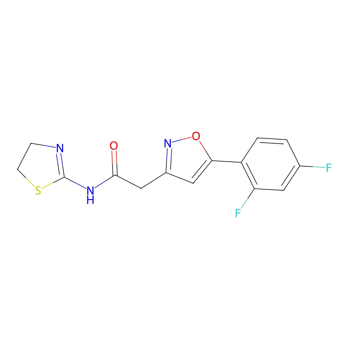 2-(5-(2,4-difluorophenyl)isoxazol-3-yl)-N-(4,5-dihydrothiazol-2-yl)acetamide molecular structure, CAS 1105216-48-5
