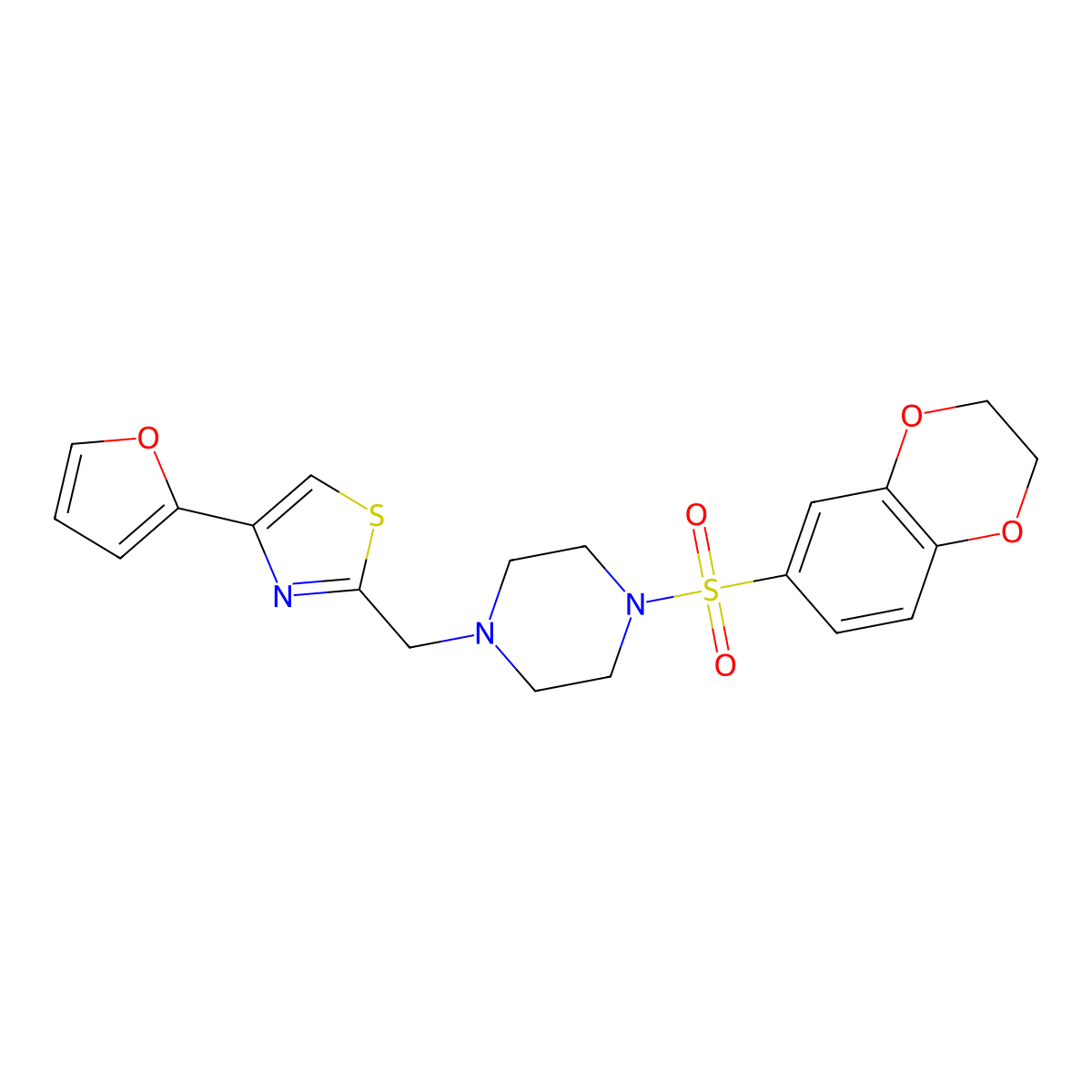 2-((4-((2,3-Dihydrobenzo[b][1,4]dioxin-6-yl)sulfonyl)piperazin-1-yl)methyl)-4-(furan-2-yl)thiazole molecular structure, CAS 1105216-49-6