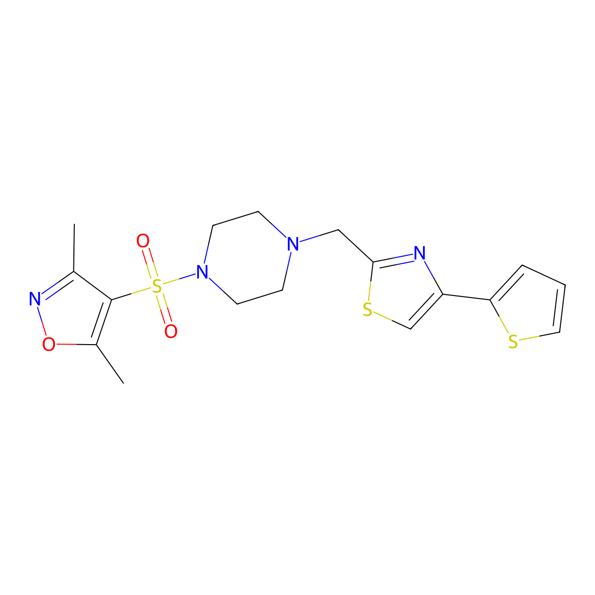 1-[(3,5-Dimethyl-1,2-oxazol-4-yl)sulfonyl]-4-{[4-(thiophen-2-yl)-1,3-thiazol-2-yl]methyl}piperazine molecular structure, CAS 1105216-65-6
