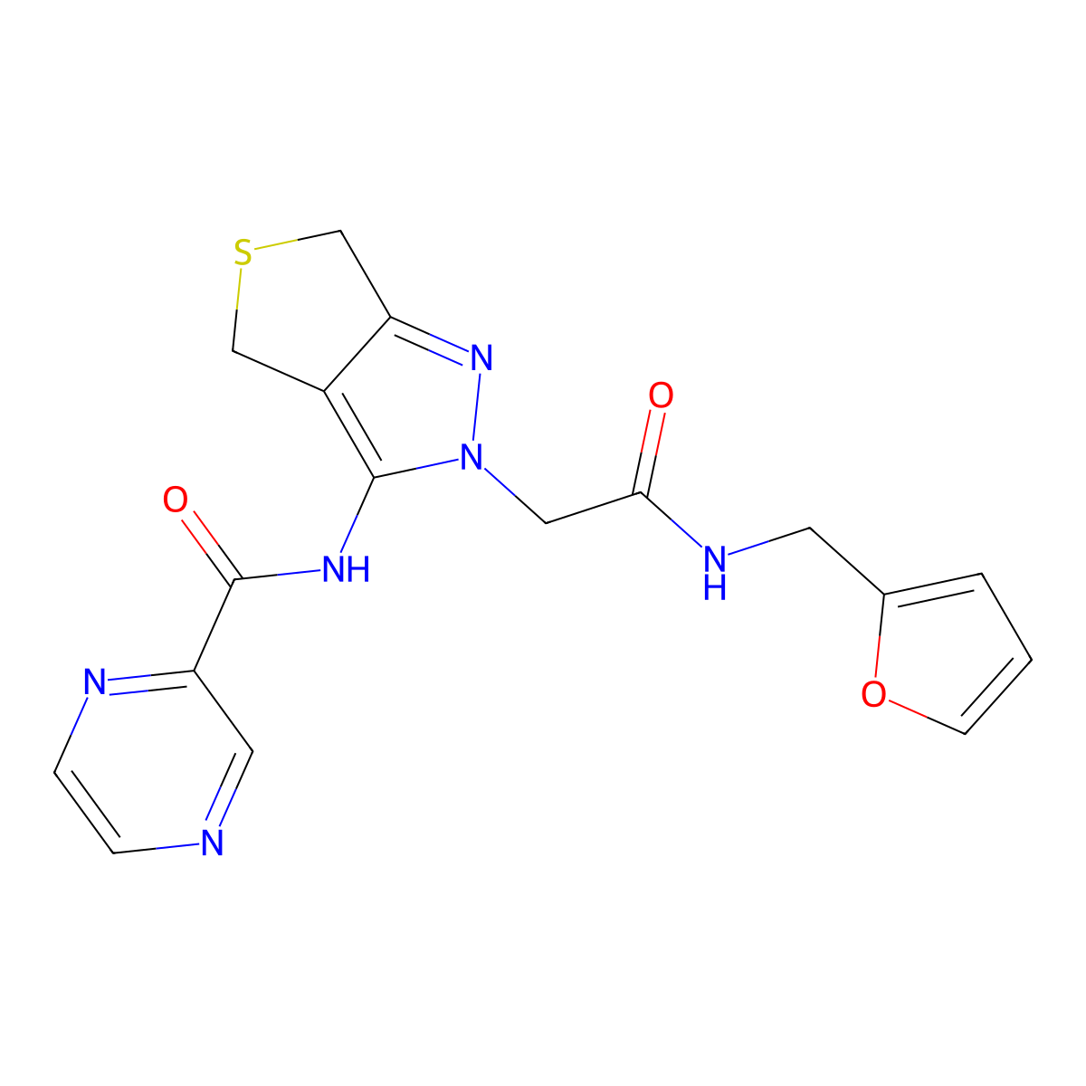 N-(2-(2-((furan-2-ylmethyl)amino)-2-oxoethyl)-4,6-dihydro-2H-thieno[3,4-c]pyrazol-3-yl)pyrazine-2-carboxamide molecular structure, CAS 1105216-91-8