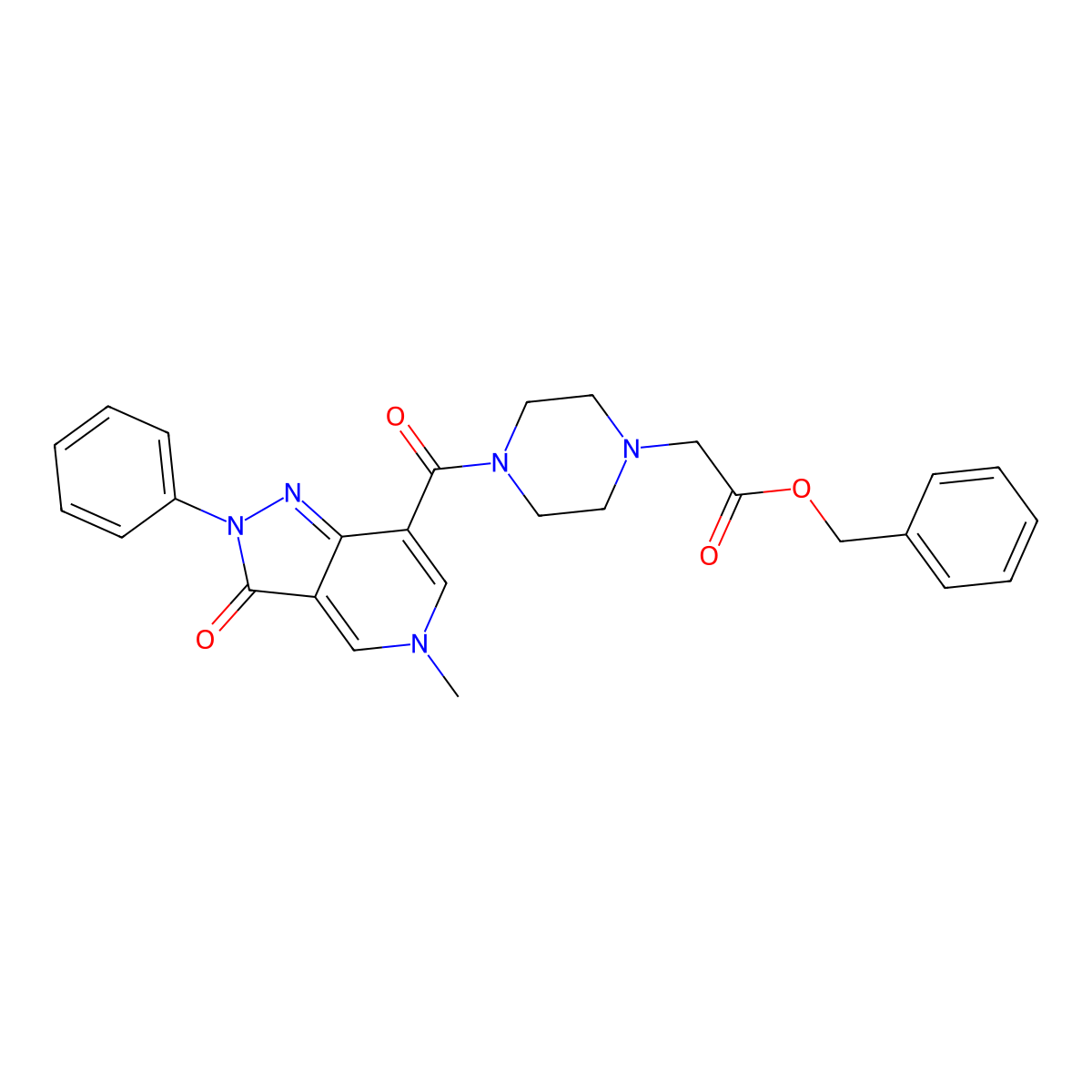benzyl 2-(4-(5-methyl-3-oxo-2-phenyl-3,5-dihydro-2H-pyrazolo[4,3-c]pyridine-7-carbonyl)piperazin-1-yl)acetate molecular structure, CAS 1105216-99-6