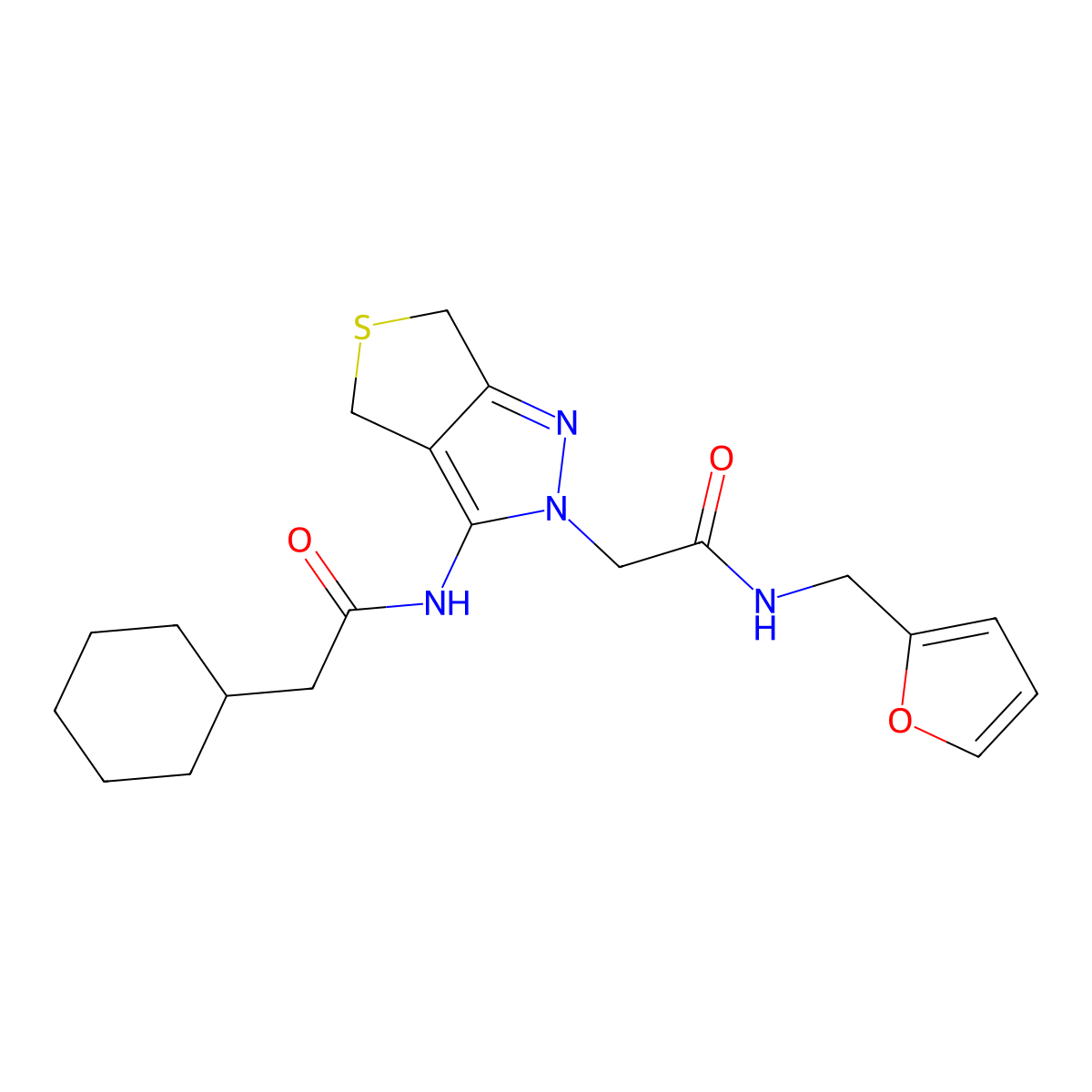 2-cyclohexyl-N-(2-(2-((furan-2-ylmethyl)amino)-2-oxoethyl)-4,6-dihydro-2H-thieno[3,4-c]pyrazol-3-yl)acetamide molecular structure, CAS 1105217-01-3