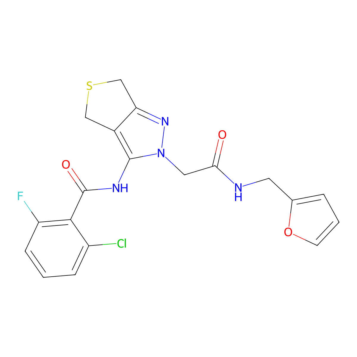 2-chloro-6-fluoro-N-(2-(2-((furan-2-ylmethyl)amino)-2-oxoethyl)-4,6-dihydro-2H-thieno[3,4-c]pyrazol-3-yl)benzamide molecular structure, CAS 1105217-15-9