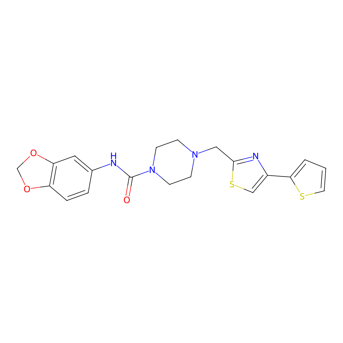 N-(benzo[d][1,3]dioxol-5-yl)-4-((4-(thiophen-2-yl)thiazol-2-yl)methyl)piperazine-1-carboxamide molecular structure, CAS 1105217-18-2