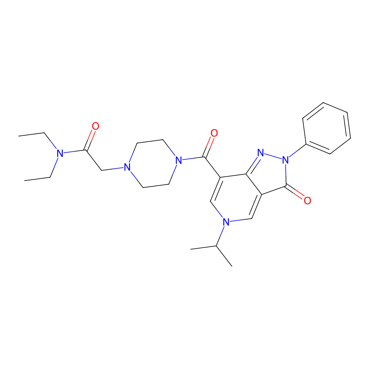 N,N-diethyl-2-(4-(5-isopropyl-3-oxo-2-phenyl-3,5-dihydro-2H-pyrazolo[4,3-c]pyridine-7-carbonyl)piperazin-1-yl)acetamide molecular structure, CAS 1105217-32-0