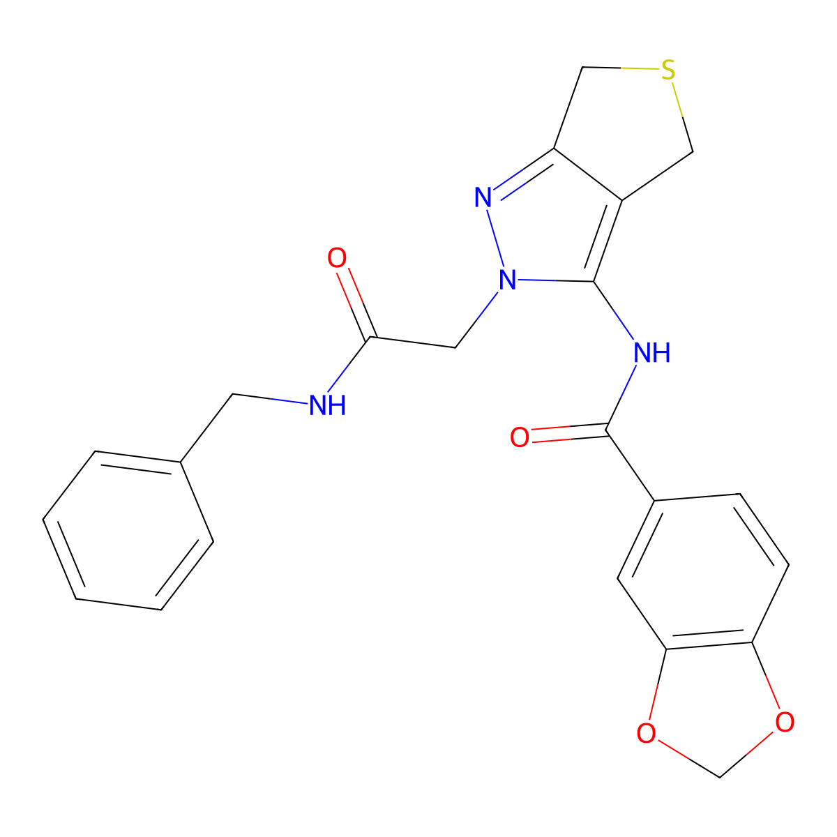 N-(2-(2-(benzylamino)-2-oxoethyl)-4,6-dihydro-2H-thieno[3,4-c]pyrazol-3-yl)benzo[d][1,3]dioxole-5-carboxamide molecular structure, CAS 1105217-56-8