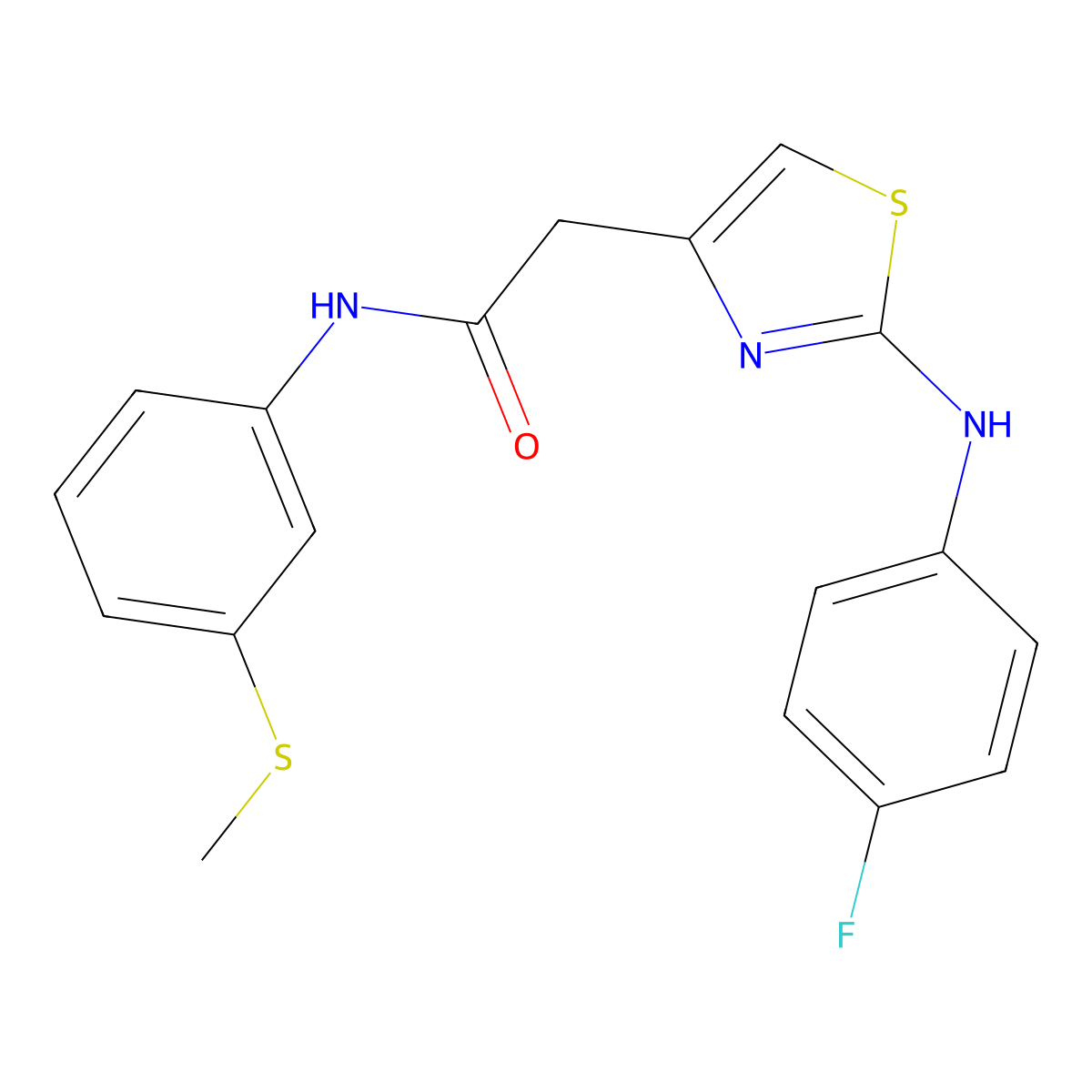 2-(2-((4-fluorophenyl)amino)thiazol-4-yl)-N-(3-(methylthio)phenyl)acetamide molecular structure, CAS 1105217-58-0