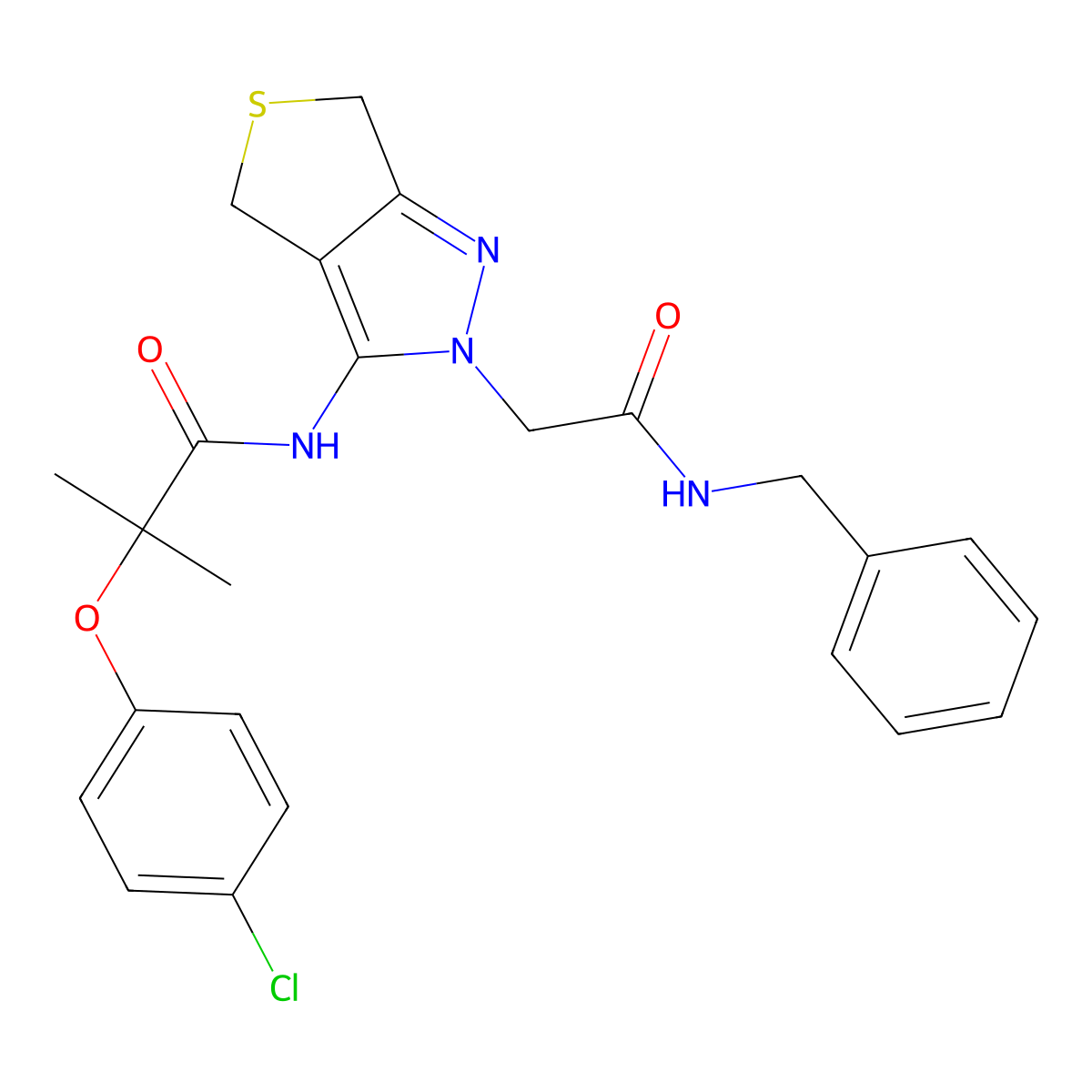 N-(2-(2-(benzylamino)-2-oxoethyl)-4,6-dihydro-2H-thieno[3,4-c]pyrazol-3-yl)-2-(4-chlorophenoxy)-2-methylpropanamide molecular structure, CAS 1105217-68-2