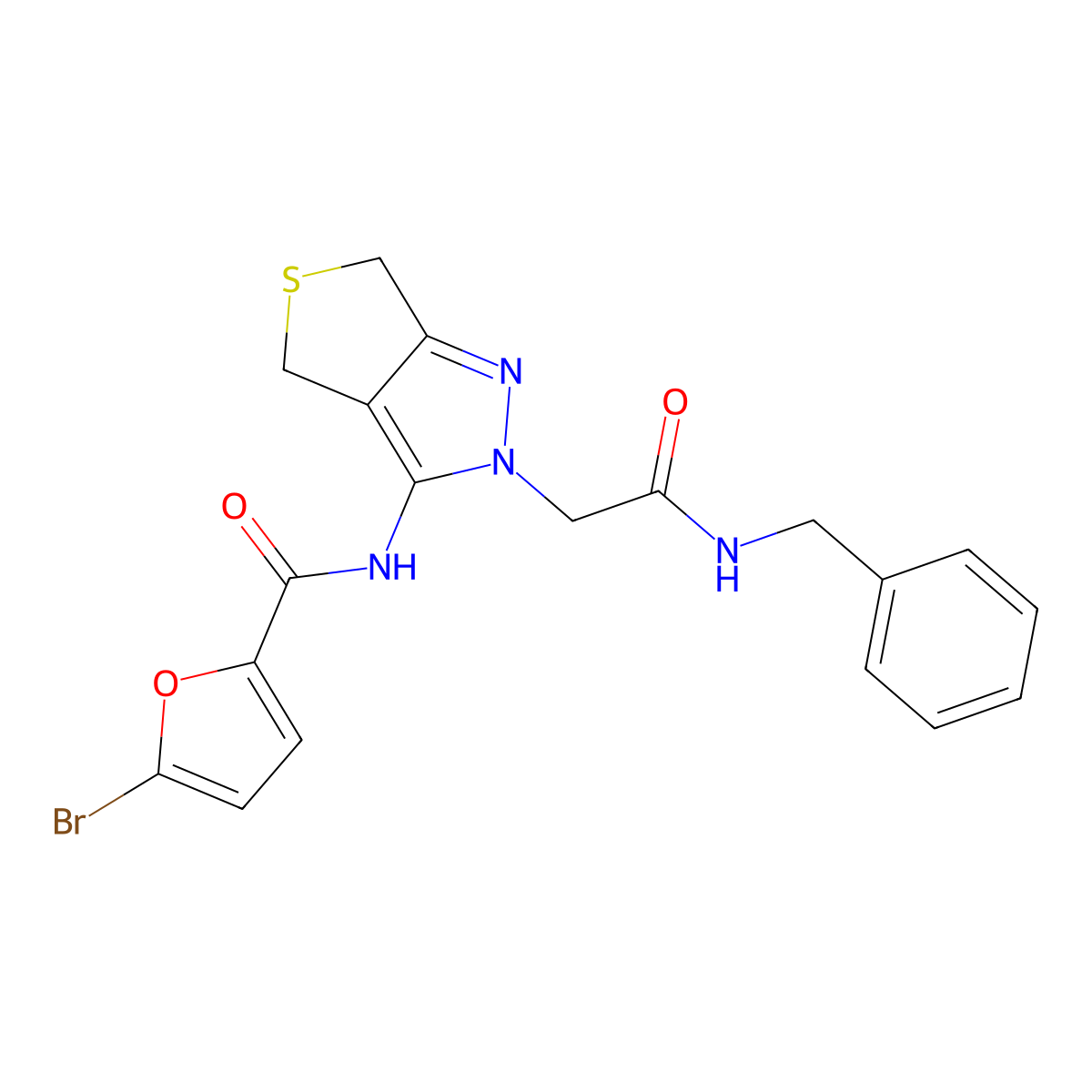 N-(2-(2-(benzylamino)-2-oxoethyl)-4,6-dihydro-2H-thieno[3,4-c]pyrazol-3-yl)-5-bromofuran-2-carboxamide molecular structure, CAS 1105217-80-8