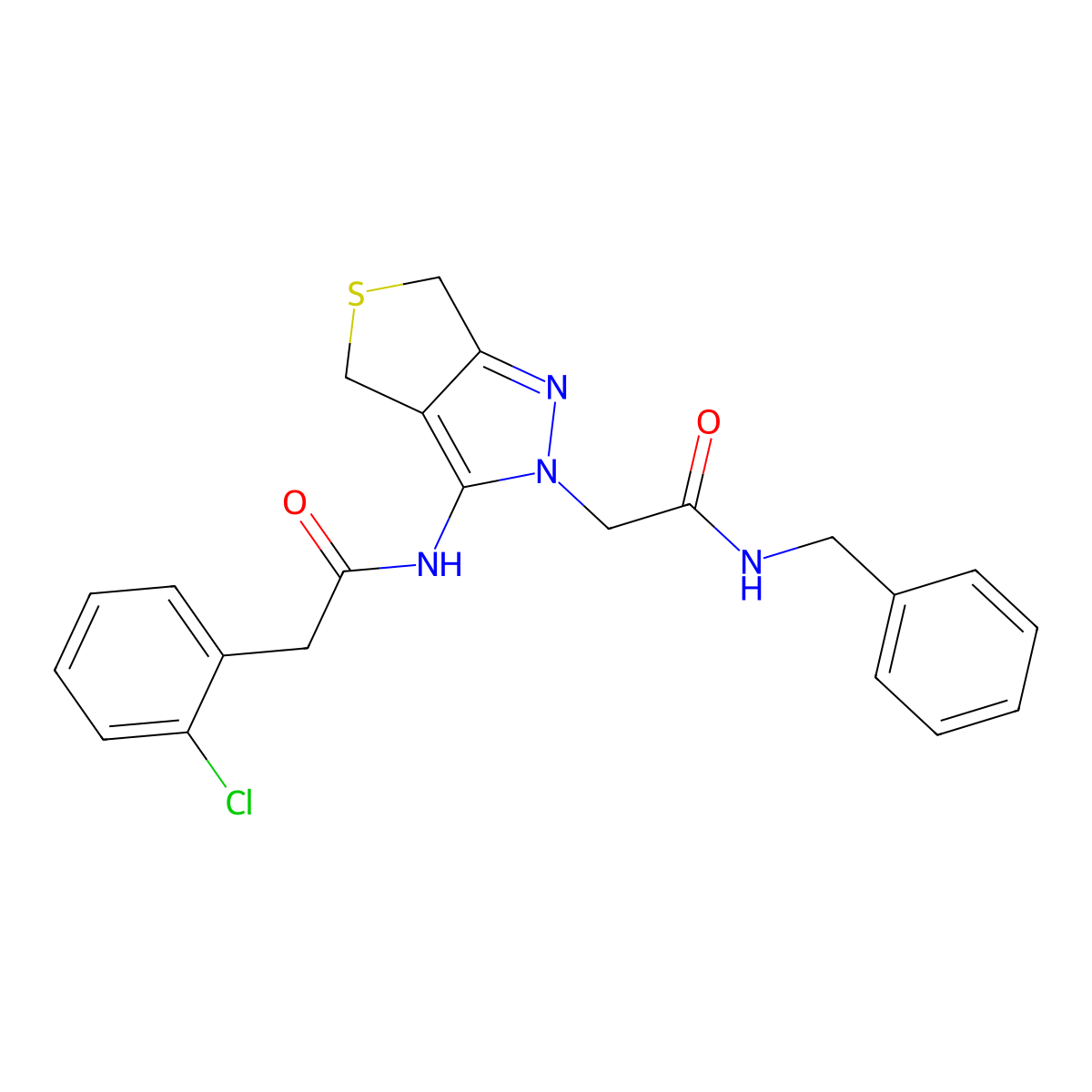 N-benzyl-2-(3-(2-(2-chlorophenyl)acetamido)-4,6-dihydro-2H-thieno[3,4-c]pyrazol-2-yl)acetamide molecular structure, CAS 1105217-92-2