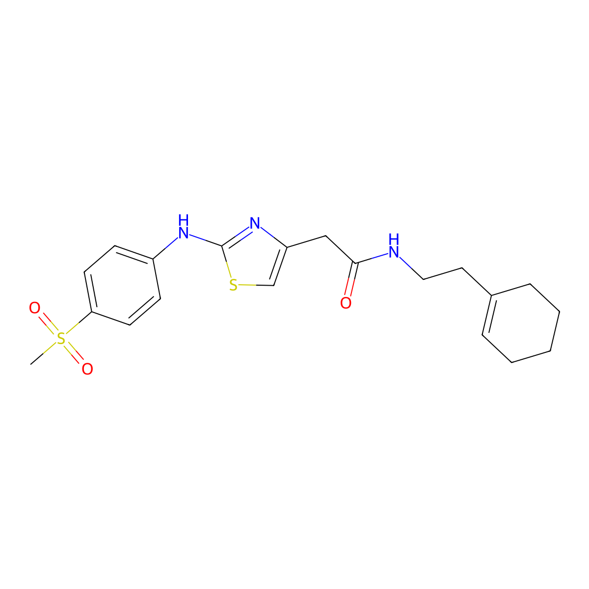 N-(2-(cyclohex-1-en-1-yl)ethyl)-2-(2-((4-(methylsulfonyl)phenyl)amino)thiazol-4-yl)acetamide molecular structure, CAS 1105217-99-9