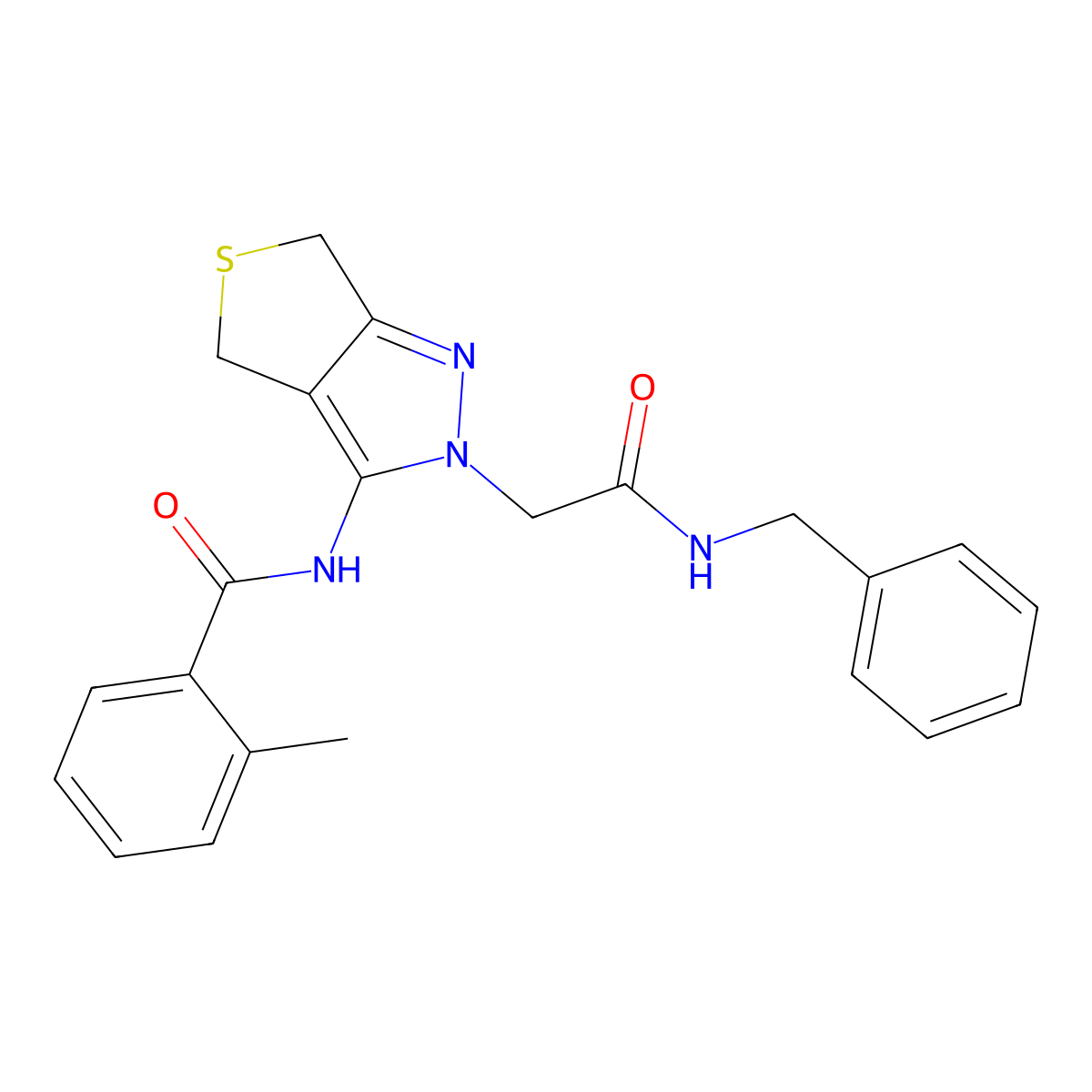 N-(2-(2-(benzylamino)-2-oxoethyl)-4,6-dihydro-2H-thieno[3,4-c]pyrazol-3-yl)-2-methylbenzamide molecular structure, CAS 1105218-02-7