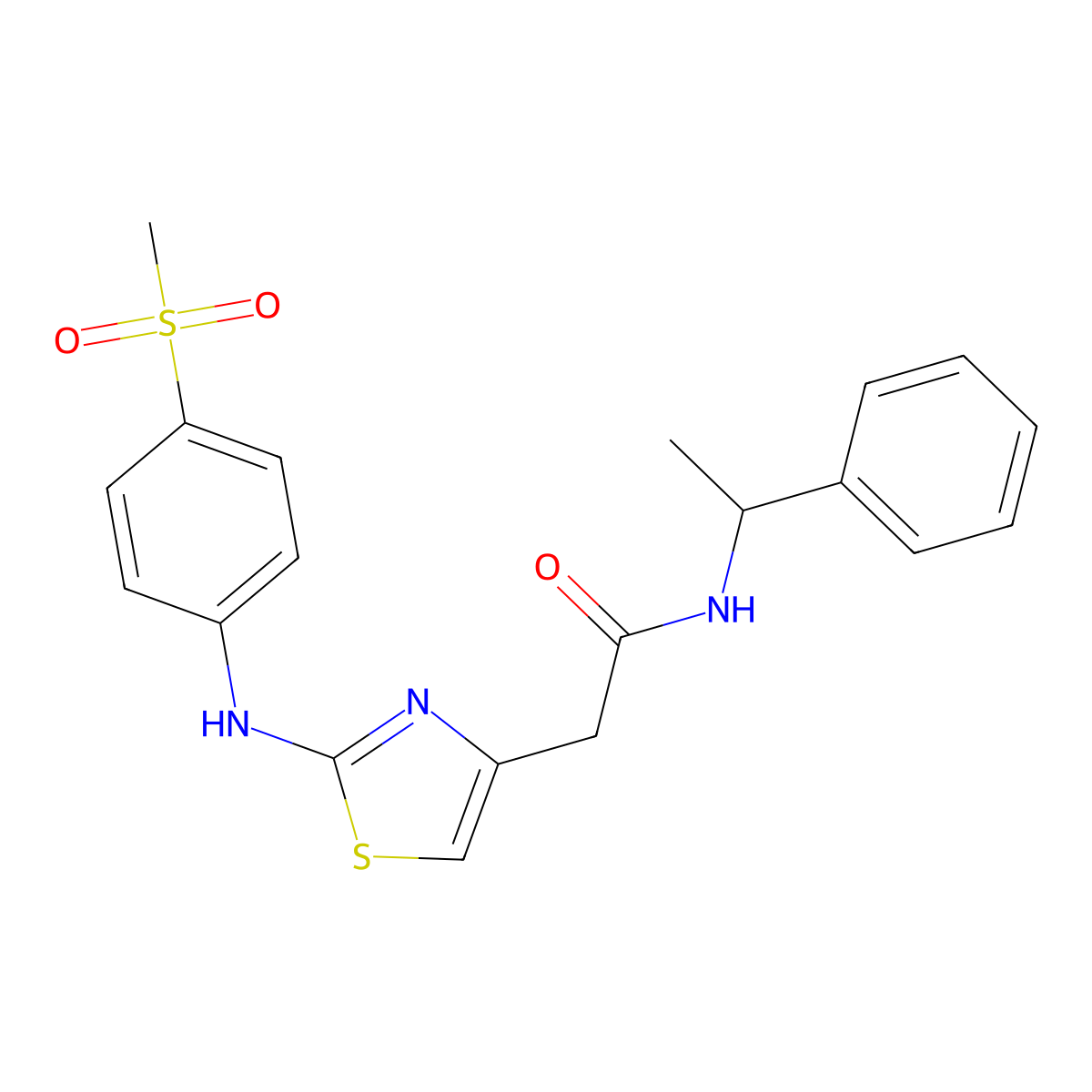 2-(2-((4-(methylsulfonyl)phenyl)amino)thiazol-4-yl)-N-(1-phenylethyl)acetamide molecular structure, CAS 1105218-04-9