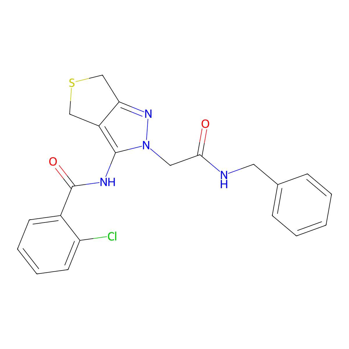 N-(2-(2-(benzylamino)-2-oxoethyl)-4,6-dihydro-2H-thieno[3,4-c]pyrazol-3-yl)-2-chlorobenzamide molecular structure, CAS 1105218-14-1
