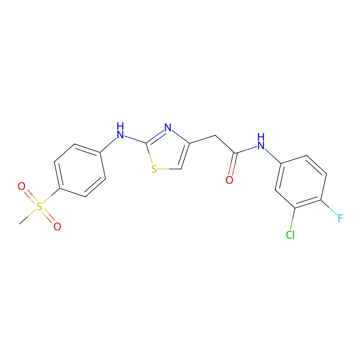 N-(3-chloro-4-fluorophenyl)-2-(2-((4-(methylsulfonyl)phenyl)amino)thiazol-4-yl)acetamide molecular structure, CAS 1105218-16-3