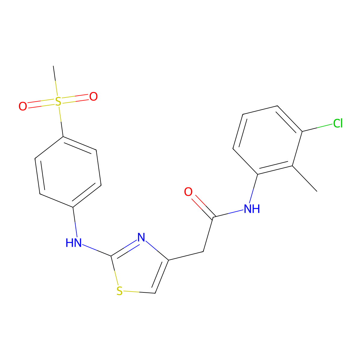 N-(3-chloro-2-methylphenyl)-2-(2-((4-(methylsulfonyl)phenyl)amino)thiazol-4-yl)acetamide molecular structure, CAS 1105218-22-1