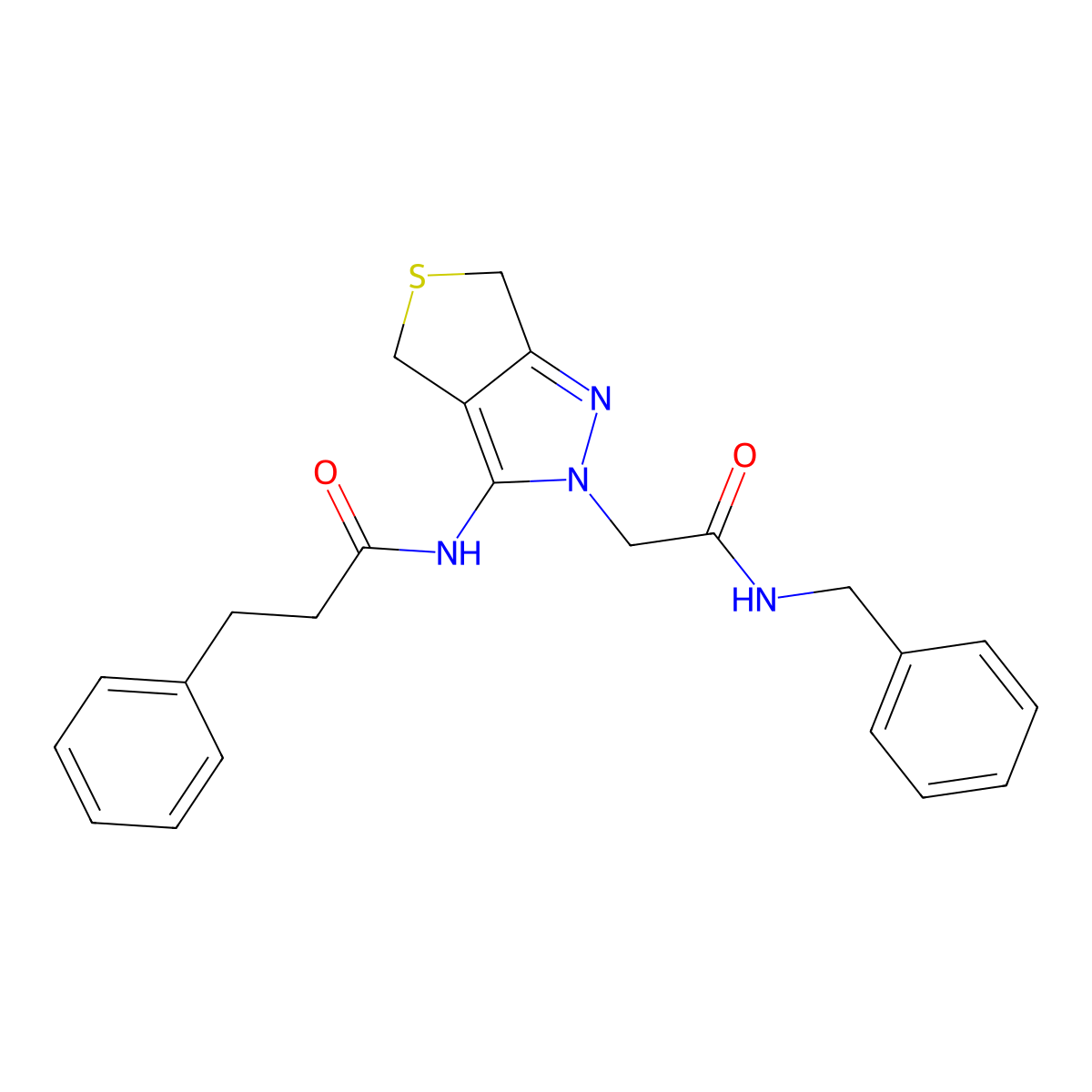 N-(2-(2-(benzylamino)-2-oxoethyl)-4,6-dihydro-2H-thieno[3,4-c]pyrazol-3-yl)-3-phenylpropanamide molecular structure, CAS 1105218-32-3