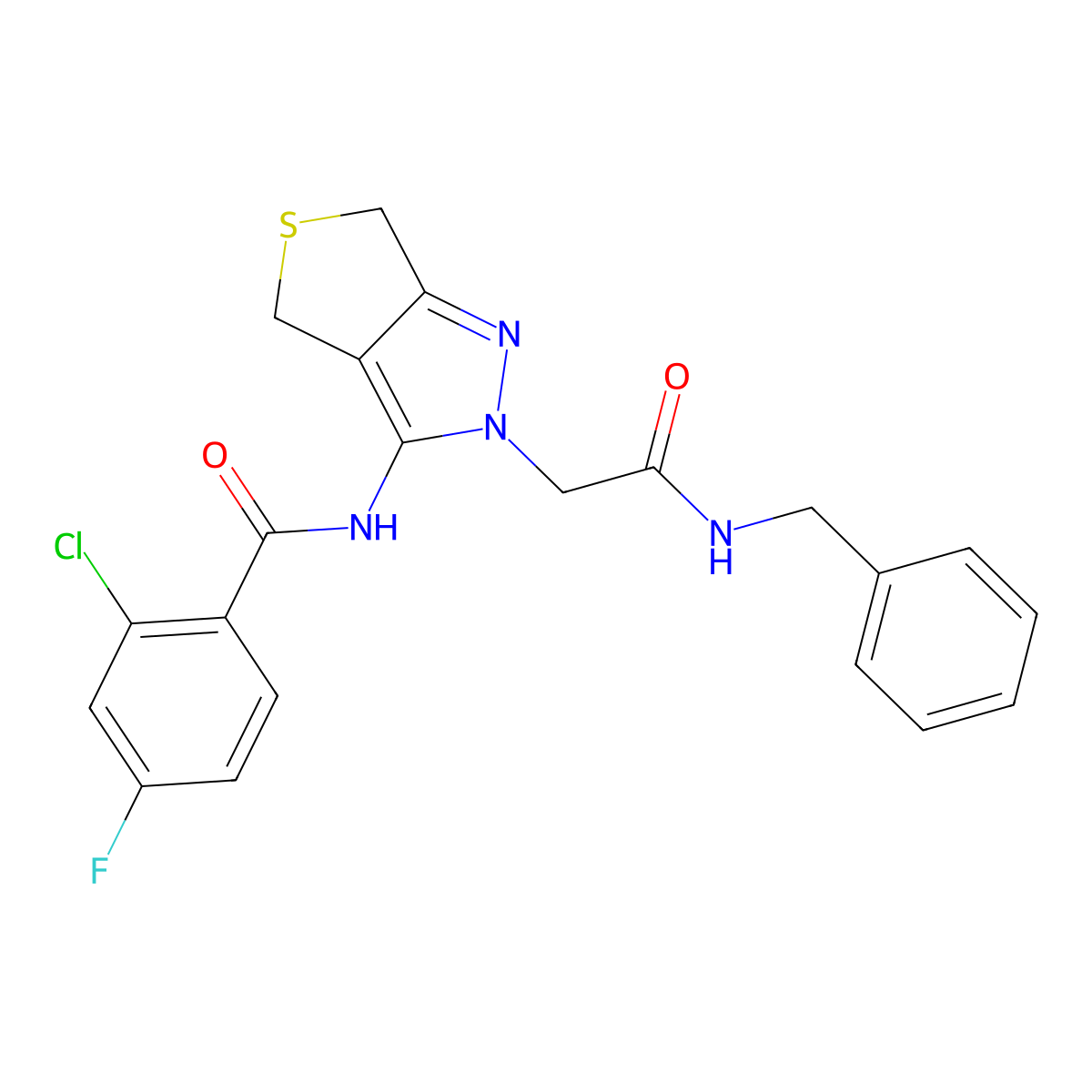 N-(2-(2-(benzylamino)-2-oxoethyl)-4,6-dihydro-2H-thieno[3,4-c]pyrazol-3-yl)-2-chloro-4-fluorobenzamide molecular structure, CAS 1105218-38-9