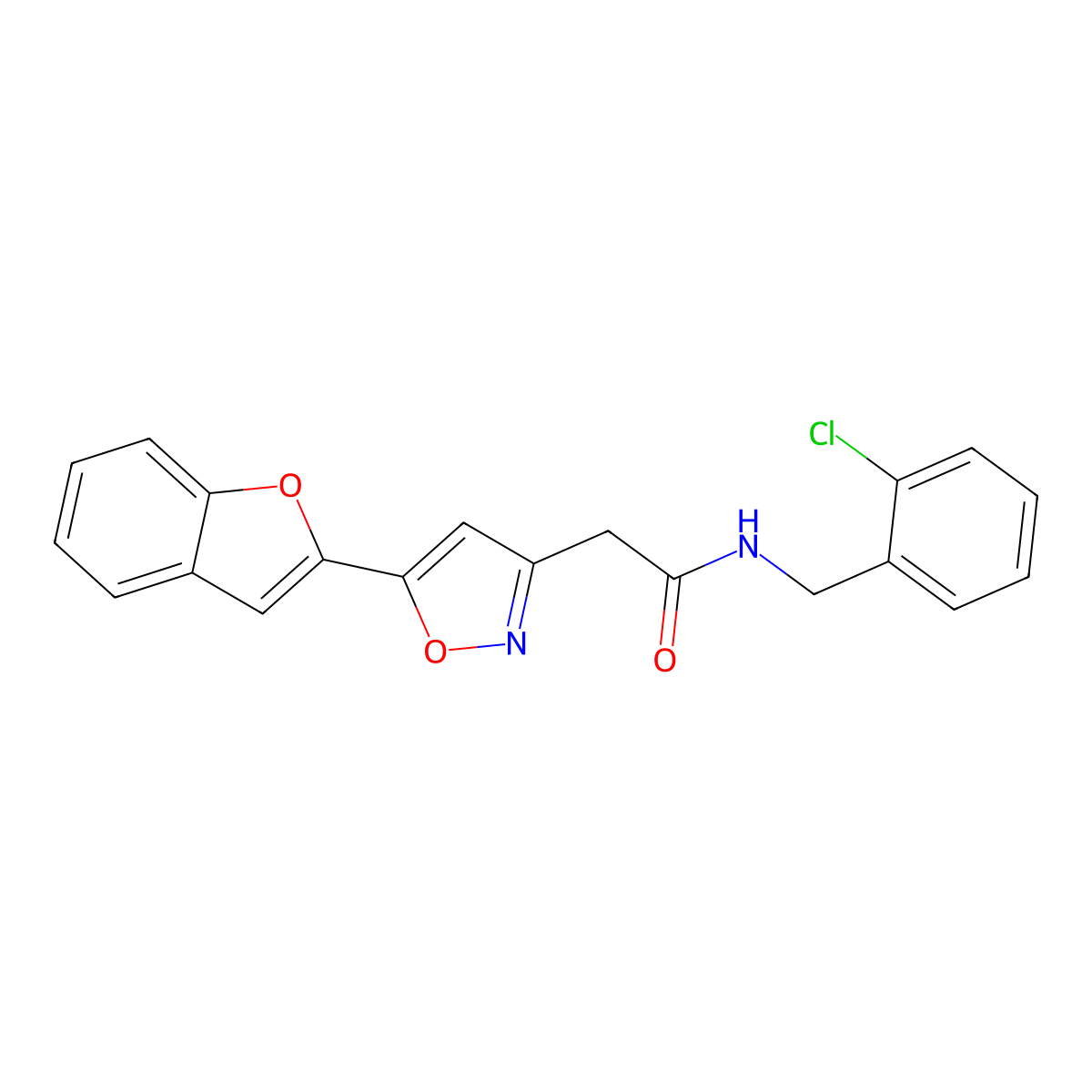 2-(5-(benzofuran-2-yl)isoxazol-3-yl)-N-(2-chlorobenzyl)acetamide molecular structure, CAS 1105218-39-0
