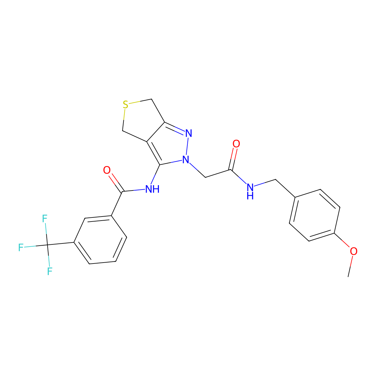 N-(2-(2-((4-methoxybenzyl)amino)-2-oxoethyl)-4,6-dihydro-2H-thieno[3,4-c]pyrazol-3-yl)-3-(trifluoromethyl)benzamide molecular structure, CAS 1105218-50-5