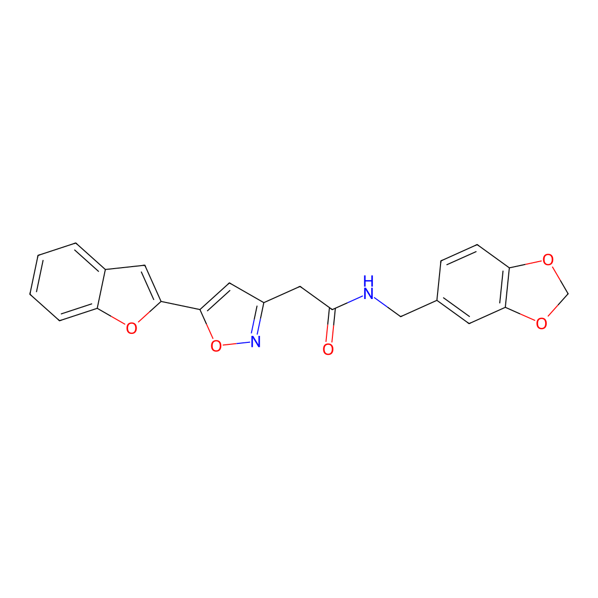 N-(benzo[d][1,3]dioxol-5-ylmethyl)-2-(5-(benzofuran-2-yl)isoxazol-3-yl)acetamide molecular structure, CAS 1105218-51-6