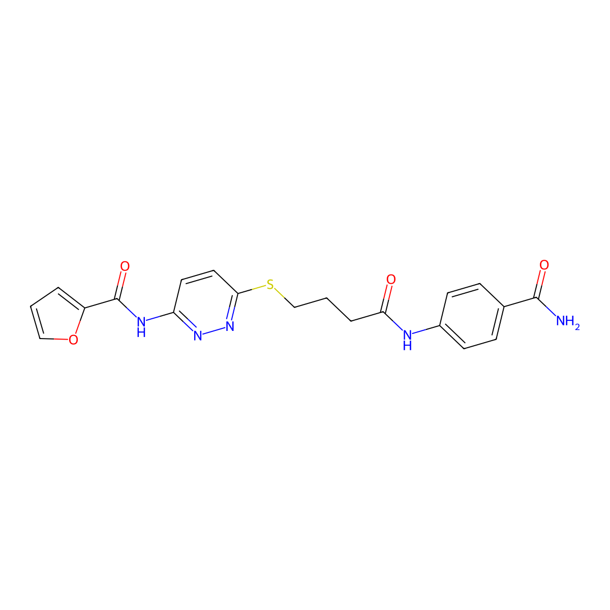 N-(6-((4-((4-carbamoylphenyl)amino)-4-oxobutyl)thio)pyridazin-3-yl)furan-2-carboxamide molecular structure, CAS 1105218-54-9