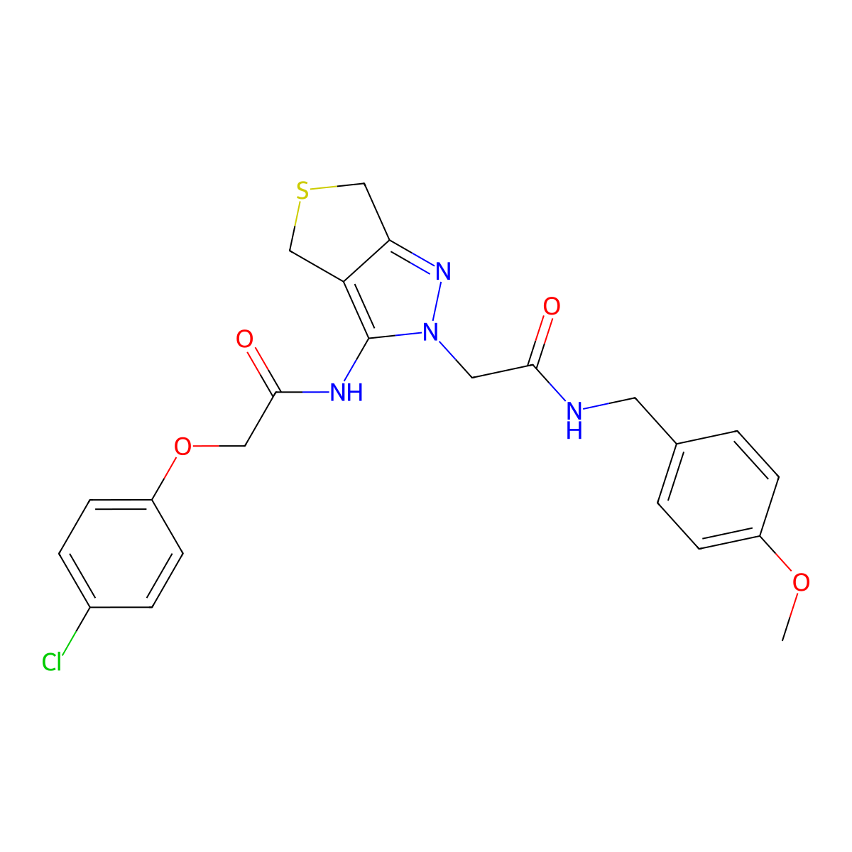 2-(4-chlorophenoxy)-N-(2-(2-((4-methoxybenzyl)amino)-2-oxoethyl)-4,6-dihydro-2H-thieno[3,4-c]pyrazol-3-yl)acetamide molecular structure, CAS 1105218-56-1