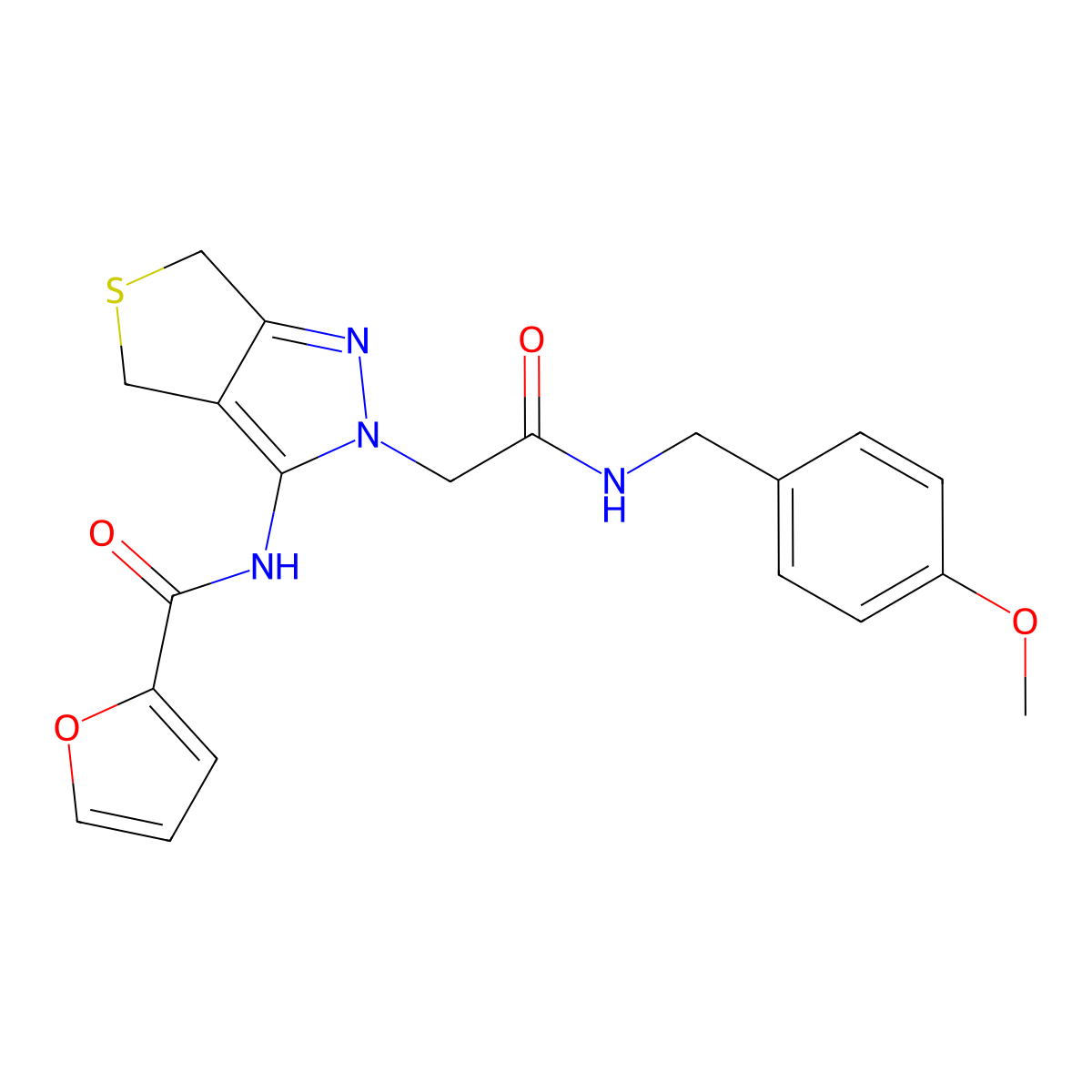 N-(2-(2-((4-methoxybenzyl)amino)-2-oxoethyl)-4,6-dihydro-2H-thieno[3,4-c]pyrazol-3-yl)furan-2-carboxamide molecular structure, CAS 1105218-62-9