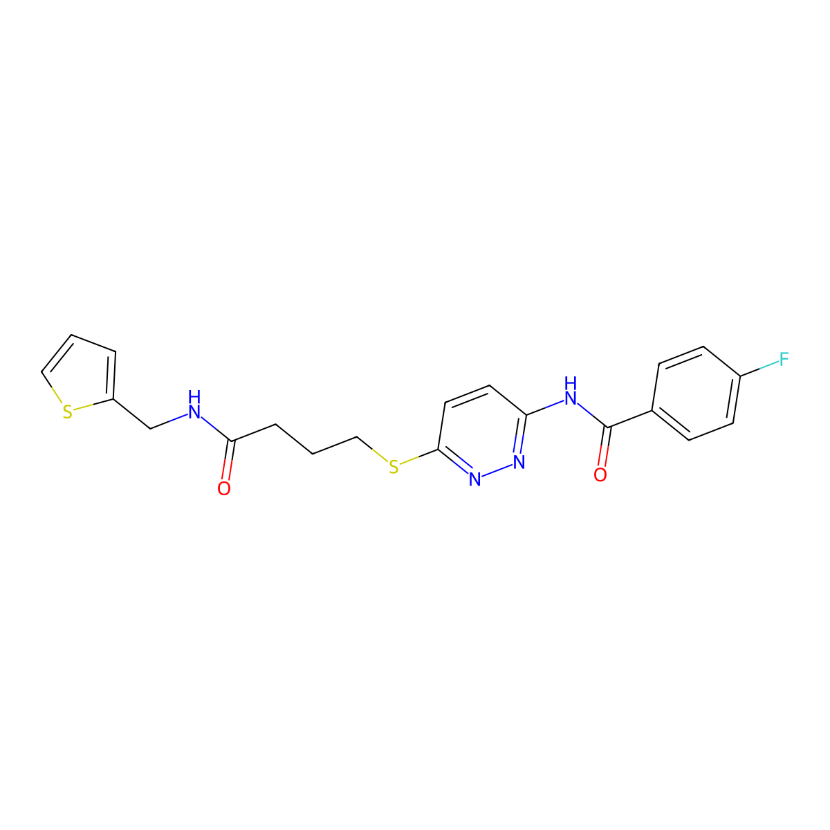 4-fluoro-N-(6-((4-oxo-4-((thiophen-2-ylmethyl)amino)butyl)thio)pyridazin-3-yl)benzamide molecular structure, CAS 1105218-78-7