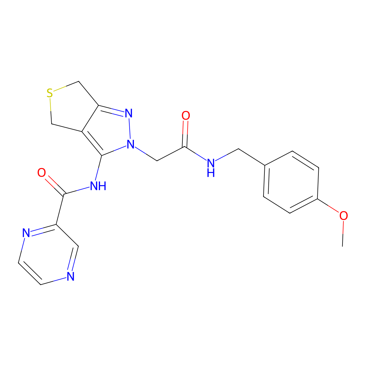 N-(2-(2-((4-methoxybenzyl)amino)-2-oxoethyl)-4,6-dihydro-2H-thieno[3,4-c]pyrazol-3-yl)pyrazine-2-carboxamide molecular structure, CAS 1105218-80-1