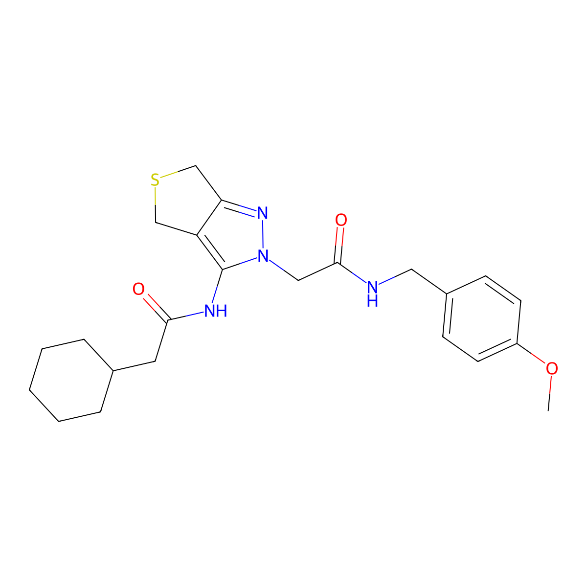 2-cyclohexyl-N-(2-(2-((4-methoxybenzyl)amino)-2-oxoethyl)-4,6-dihydro-2H-thieno[3,4-c]pyrazol-3-yl)acetamide molecular structure, CAS 1105218-86-7