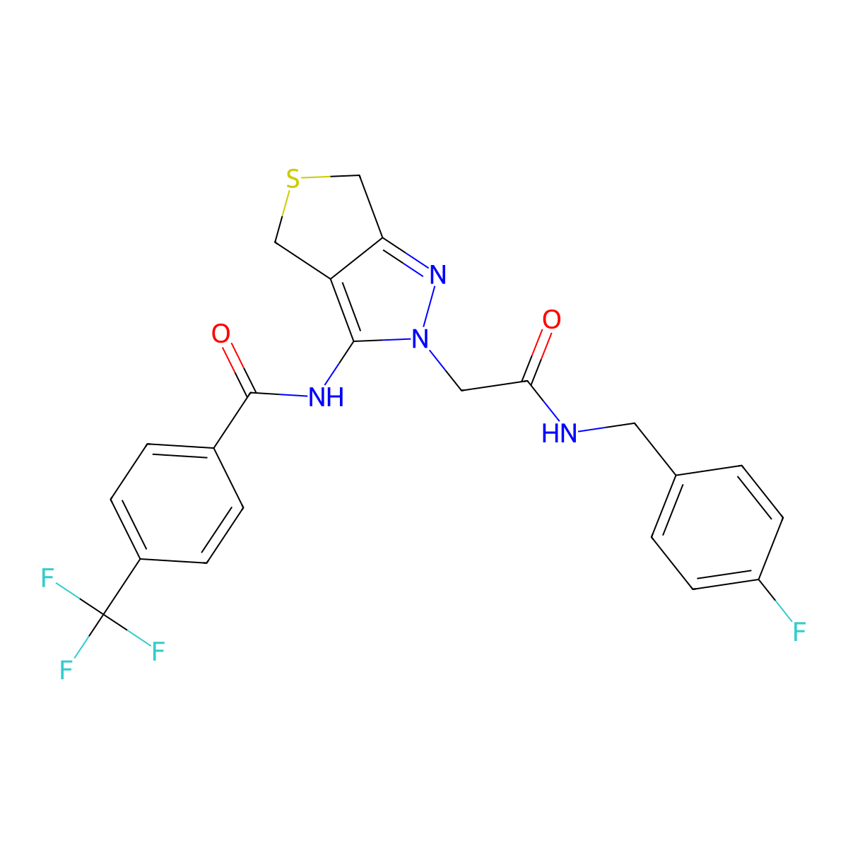 N-(2-(2-((4-fluorobenzyl)amino)-2-oxoethyl)-4,6-dihydro-2H-thieno[3,4-c]pyrazol-3-yl)-4-(trifluoromethyl)benzamide molecular structure, CAS 1105219-07-5