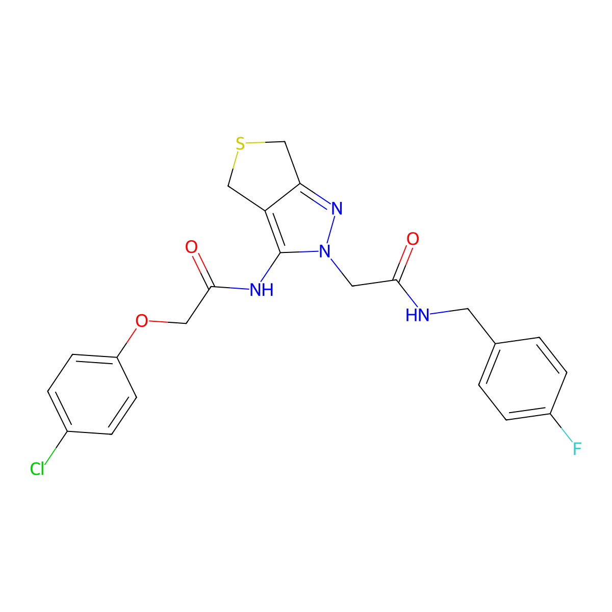 2-(4-chlorophenoxy)-N-(2-(2-((4-fluorobenzyl)amino)-2-oxoethyl)-4,6-dihydro-2H-thieno[3,4-c]pyrazol-3-yl)acetamide molecular structure, CAS 1105219-14-4