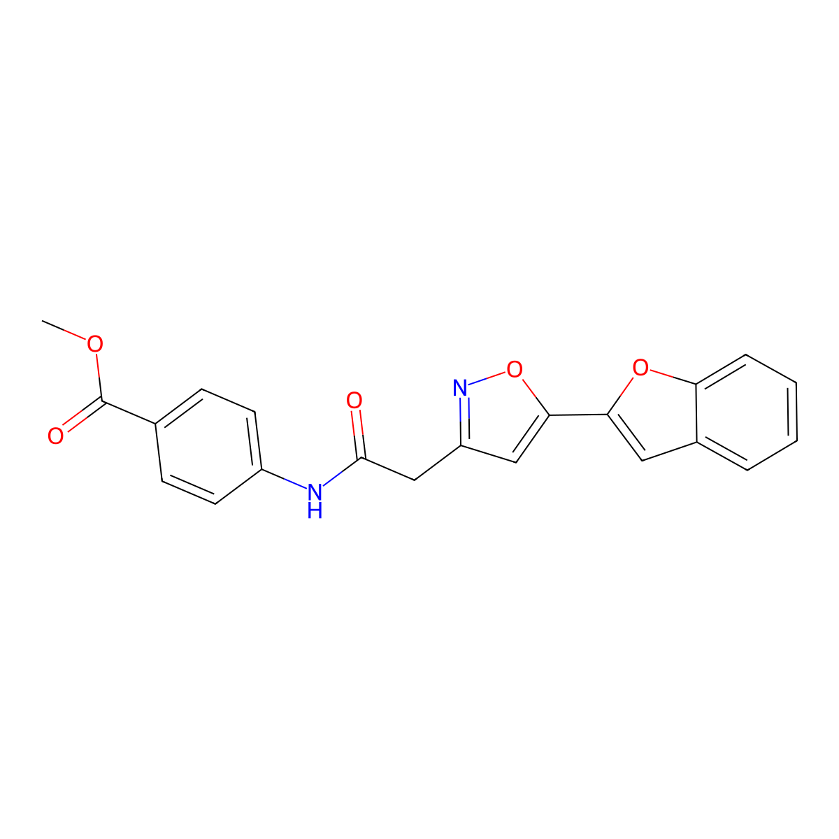 Methyl 4-(2-(5-(benzofuran-2-yl)isoxazol-3-yl)acetamido)benzoate molecular structure, CAS 1105219-15-5