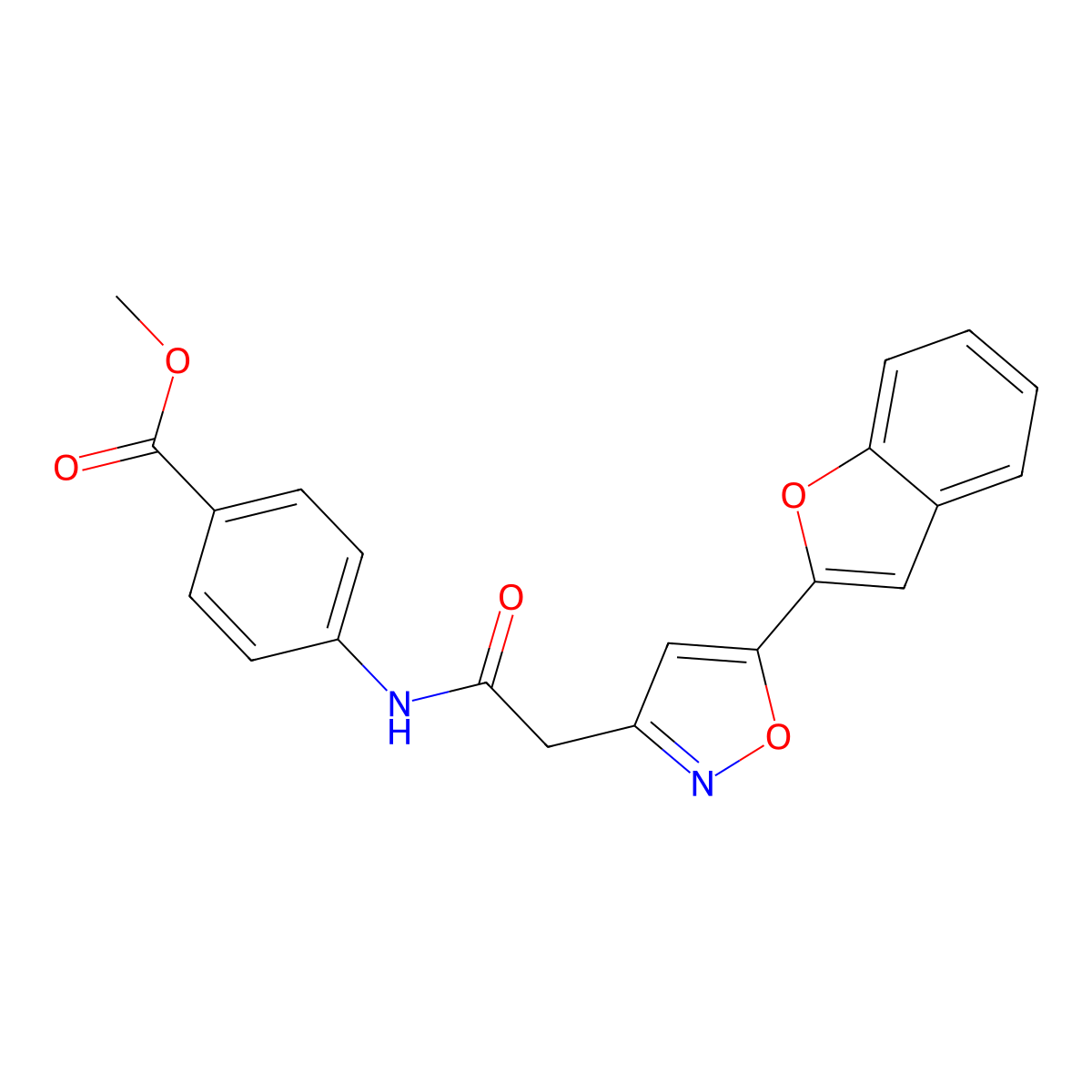 Methyl 4-(2-(5-(benzofuran-2-yl)isoxazol-3-yl)acetamido)benzoate molecular structure, CAS 1105219-15-5