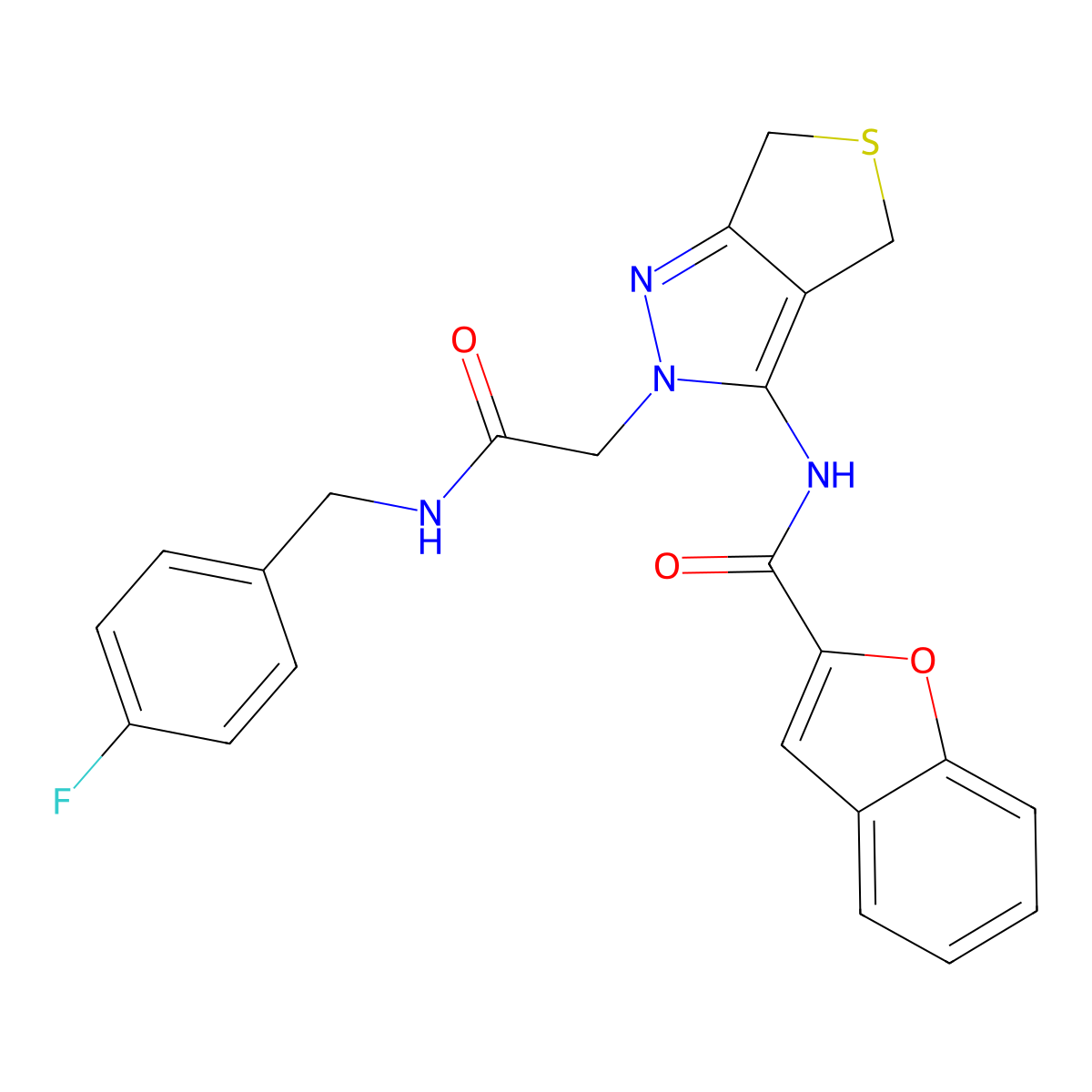 N-[2-({[(4-fluorophenyl)methyl]carbamoyl}methyl)-2H,4H,6H-thieno[3,4-c]pyrazol-3-yl]-1-benzofuran-2-carboxamide molecular structure, CAS 1105219-28-0