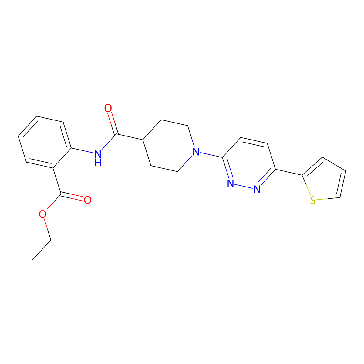 Ethyl 2-(1-(6-(thiophen-2-yl)pyridazin-3-yl)piperidine-4-carboxamido)benzoate molecular structure, CAS 1105219-40-6