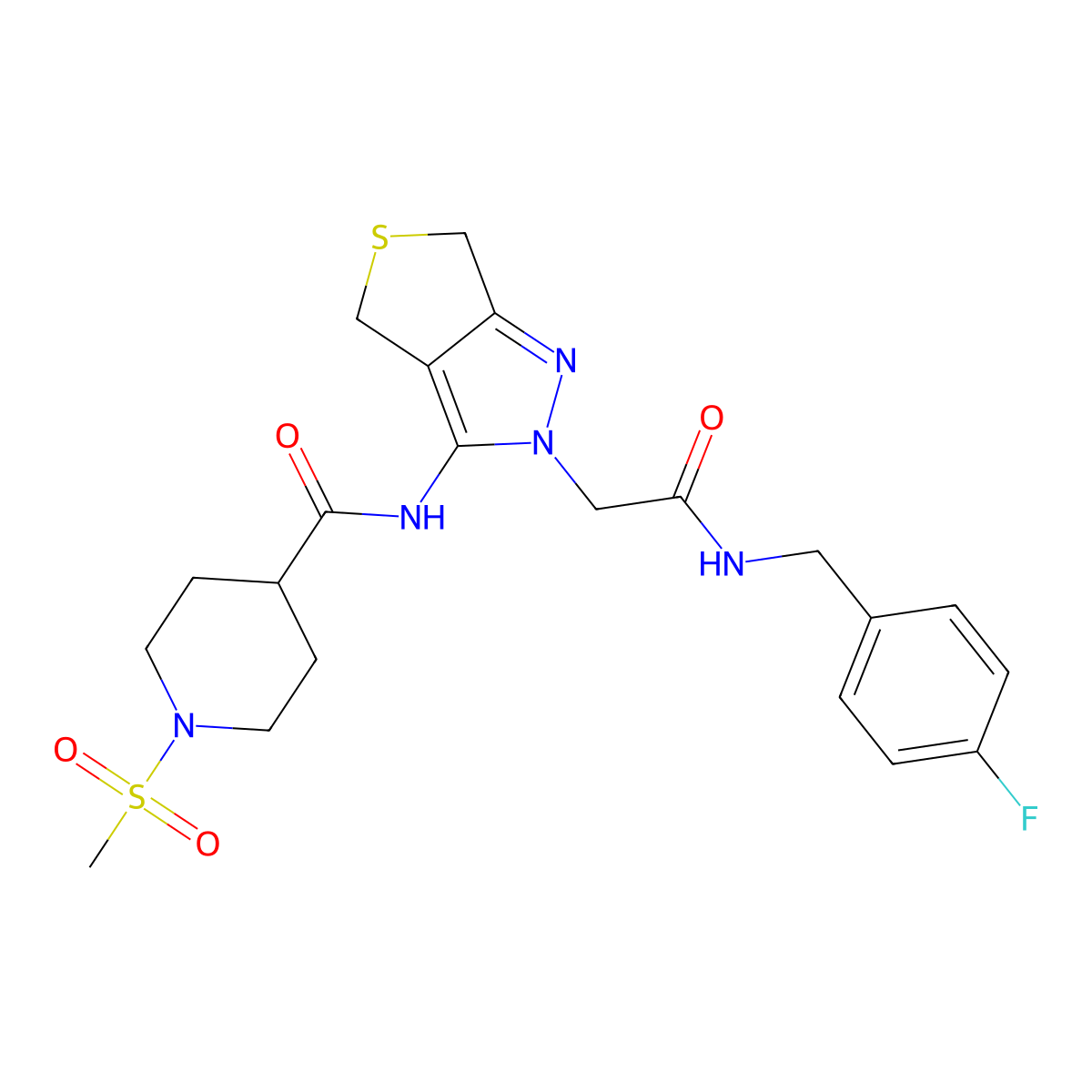 N-(2-(2-((4-fluorobenzyl)amino)-2-oxoethyl)-4,6-dihydro-2H-thieno[3,4-c]pyrazol-3-yl)-1-(methylsulfonyl)piperidine-4-carboxamide molecular structure, CAS 1105219-43-9