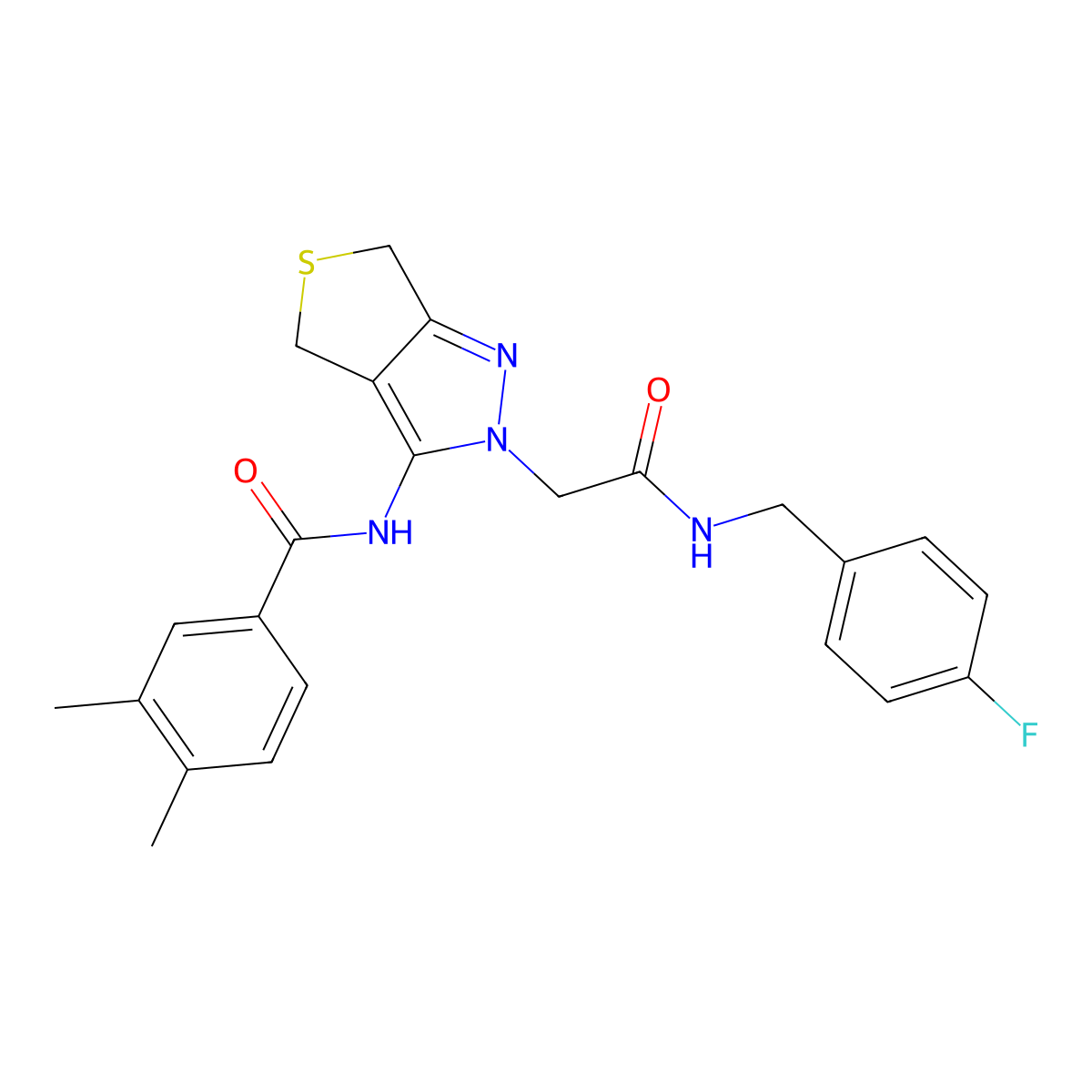 N-(2-(2-((4-fluorobenzyl)amino)-2-oxoethyl)-4,6-dihydro-2H-thieno[3,4-c]pyrazol-3-yl)-3,4-dimethylbenzamide molecular structure, CAS 1105219-57-5