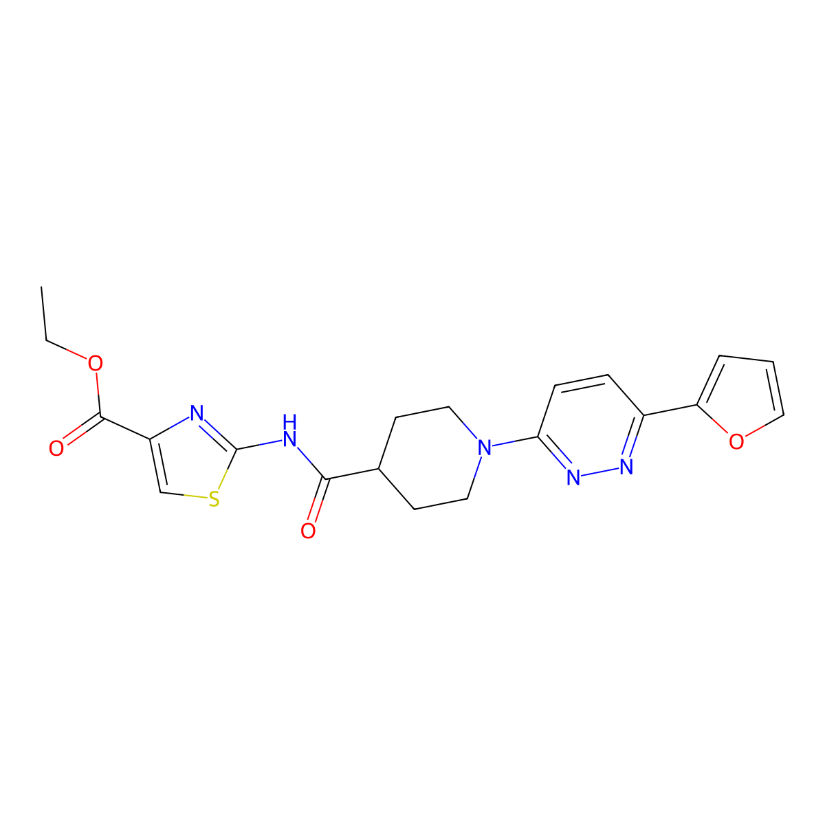 Ethyl 2-(1-(6-(furan-2-yl)pyridazin-3-yl)piperidine-4-carboxamido)thiazole-4-carboxylate molecular structure, CAS 1105219-75-7