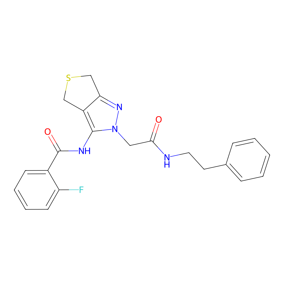 2-fluoro-N-(2-(2-oxo-2-(phenethylamino)ethyl)-4,6-dihydro-2H-thieno[3,4-c]pyrazol-3-yl)benzamide molecular structure, CAS 1105219-78-0