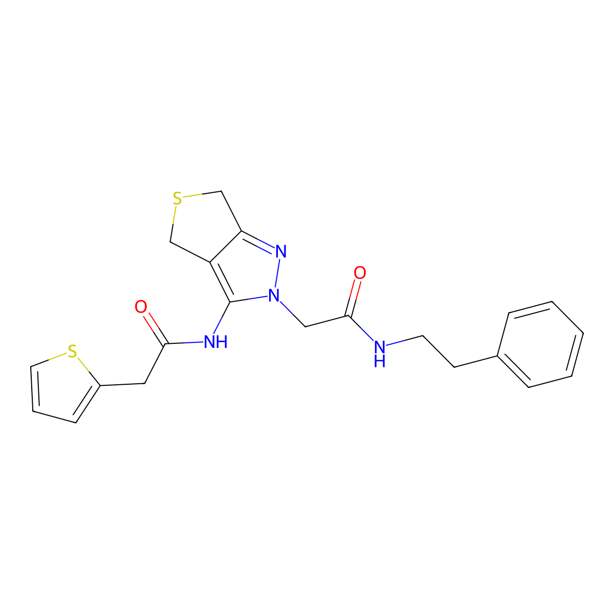 N-(2-(2-oxo-2-(phenethylamino)ethyl)-4,6-dihydro-2H-thieno[3,4-c]pyrazol-3-yl)-2-(thiophen-2-yl)acetamide molecular structure, CAS 1105219-92-8