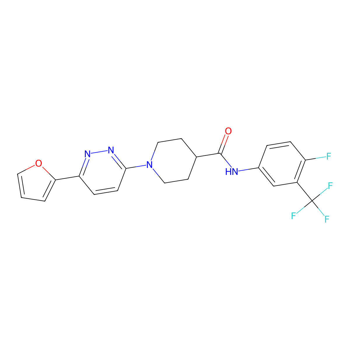 N-[4-fluoro-3-(trifluoromethyl)phenyl]-1-[6-(furan-2-yl)pyridazin-3-yl]piperidine-4-carboxamide molecular structure, CAS 1105219-96-2
