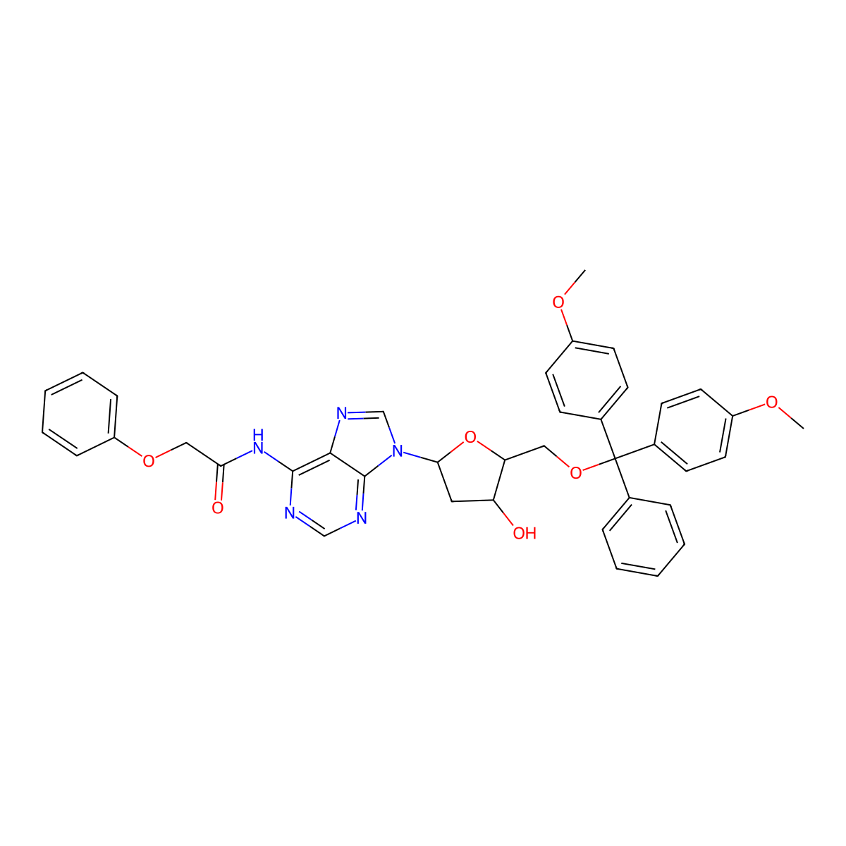 N-(9-((2R,4S,5R)-5-((bis(4-methoxyphenyl)(phenyl)methoxy)methyl)-4-hydroxytetrahydrofuran-2-yl)-9H-purin-6-yl)-2-phenoxyacetamide molecular structure, CAS 110522-82-2