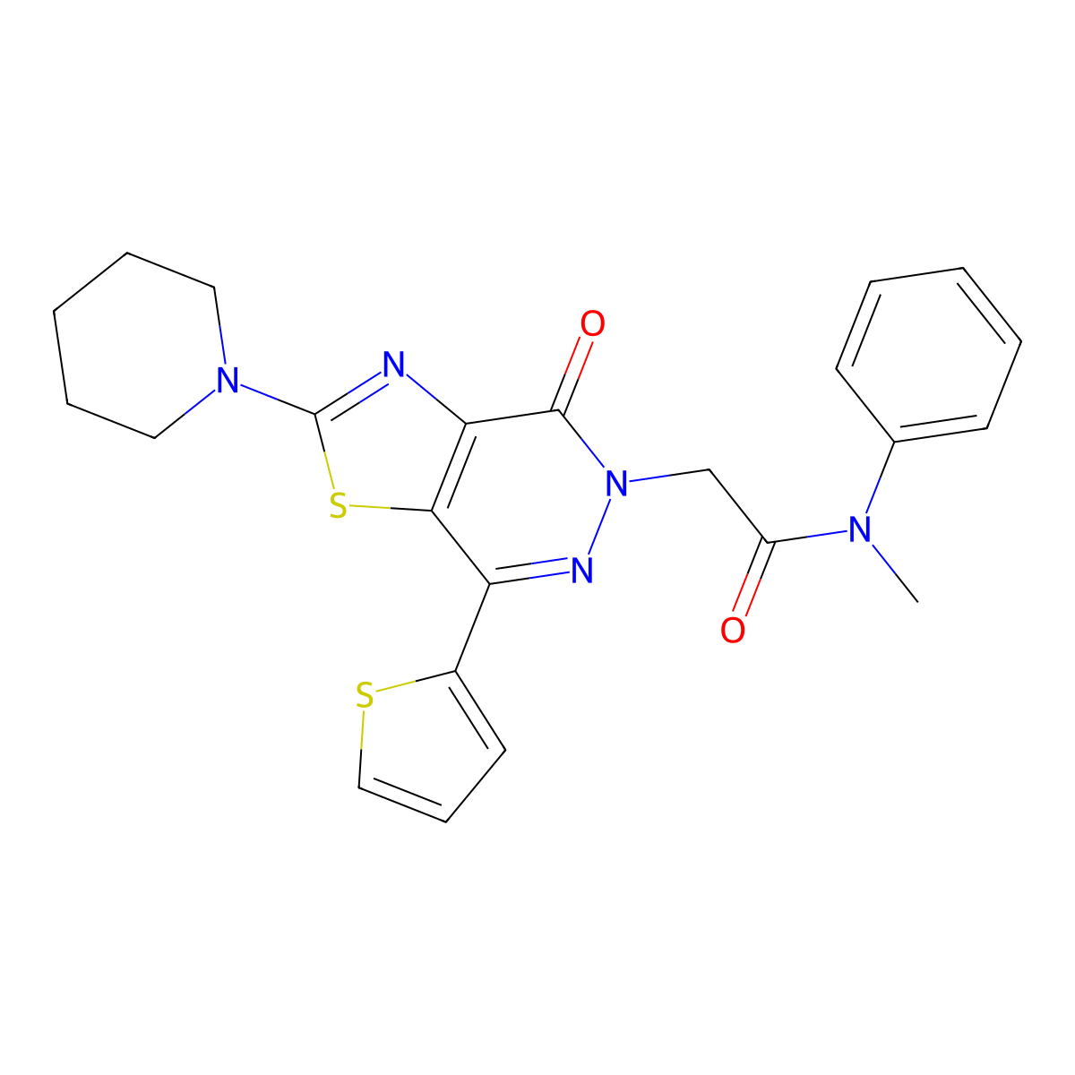 N-methyl-2-(4-oxo-2-(piperidin-1-yl)-7-(thiophen-2-yl)thiazolo[4,5-d]pyridazin-5(4H)-yl)-N-phenylacetamide molecular structure, CAS 1105220-00-5