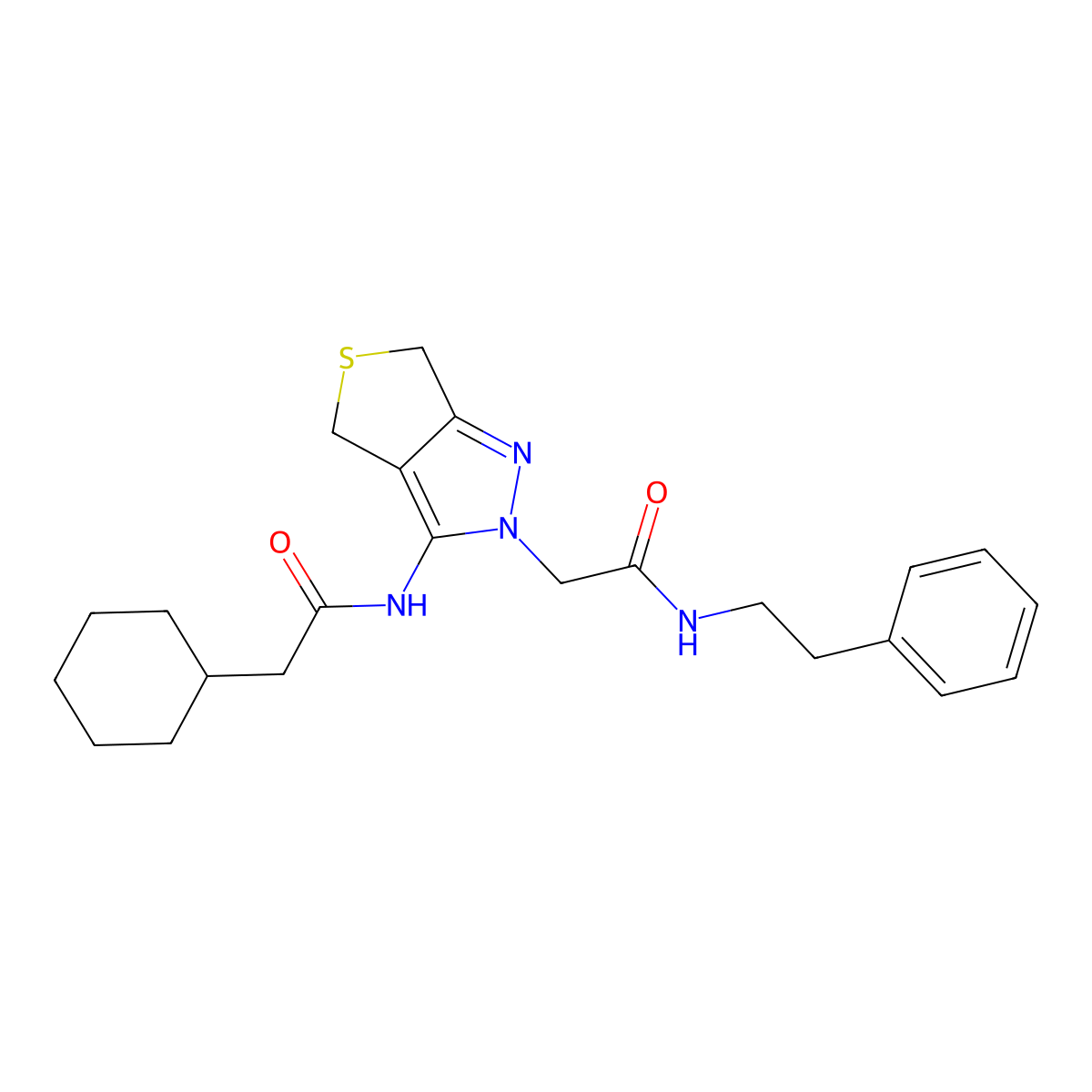 2-cyclohexyl-N-(2-(2-oxo-2-(phenethylamino)ethyl)-4,6-dihydro-2H-thieno[3,4-c]pyrazol-3-yl)acetamide molecular structure, CAS 1105220-13-0