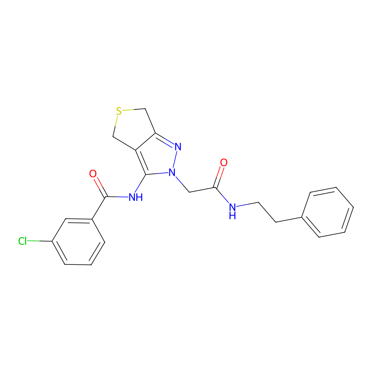 3-chloro-N-(2-(2-oxo-2-(phenethylamino)ethyl)-4,6-dihydro-2H-thieno[3,4-c]pyrazol-3-yl)benzamide molecular structure, CAS 1105220-27-6